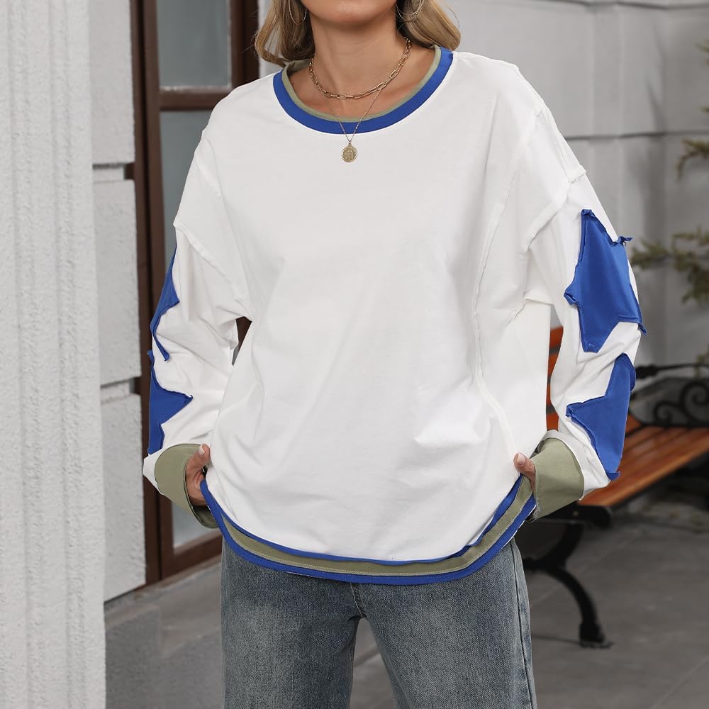 Women Oversized Sweatshirt Star Graphic Drop Shoulder Sloutchy Fit Pullover Tops Y2k Long Sleeve Shirt