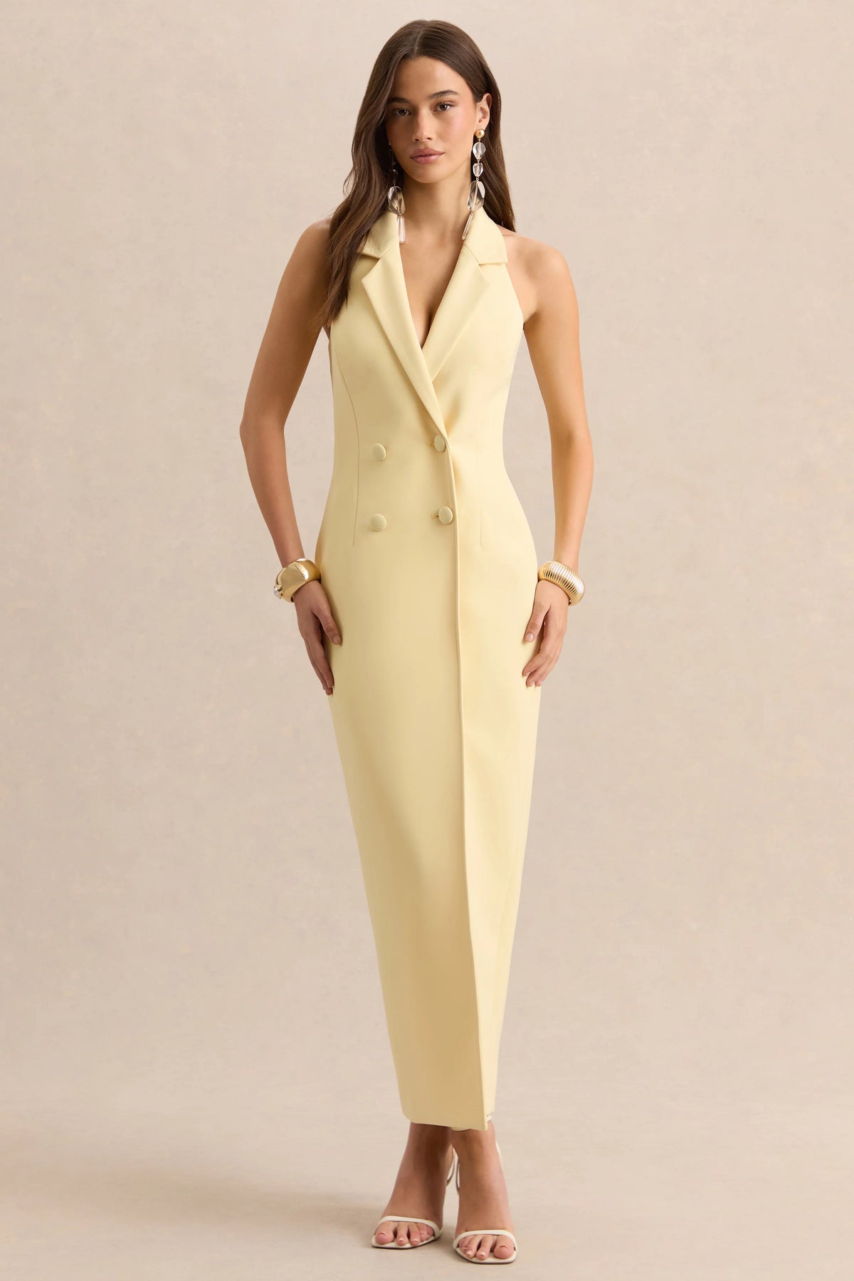 Hana Lemon Plunge Neck Tailored Maxi Dress