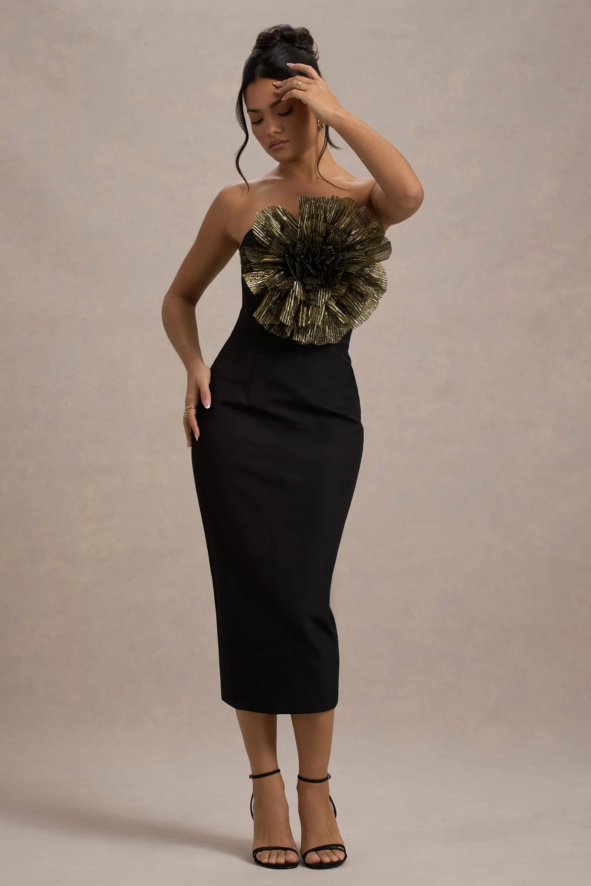 Moya Black Gold Bodycon Midi Dress With Corsage Detail
