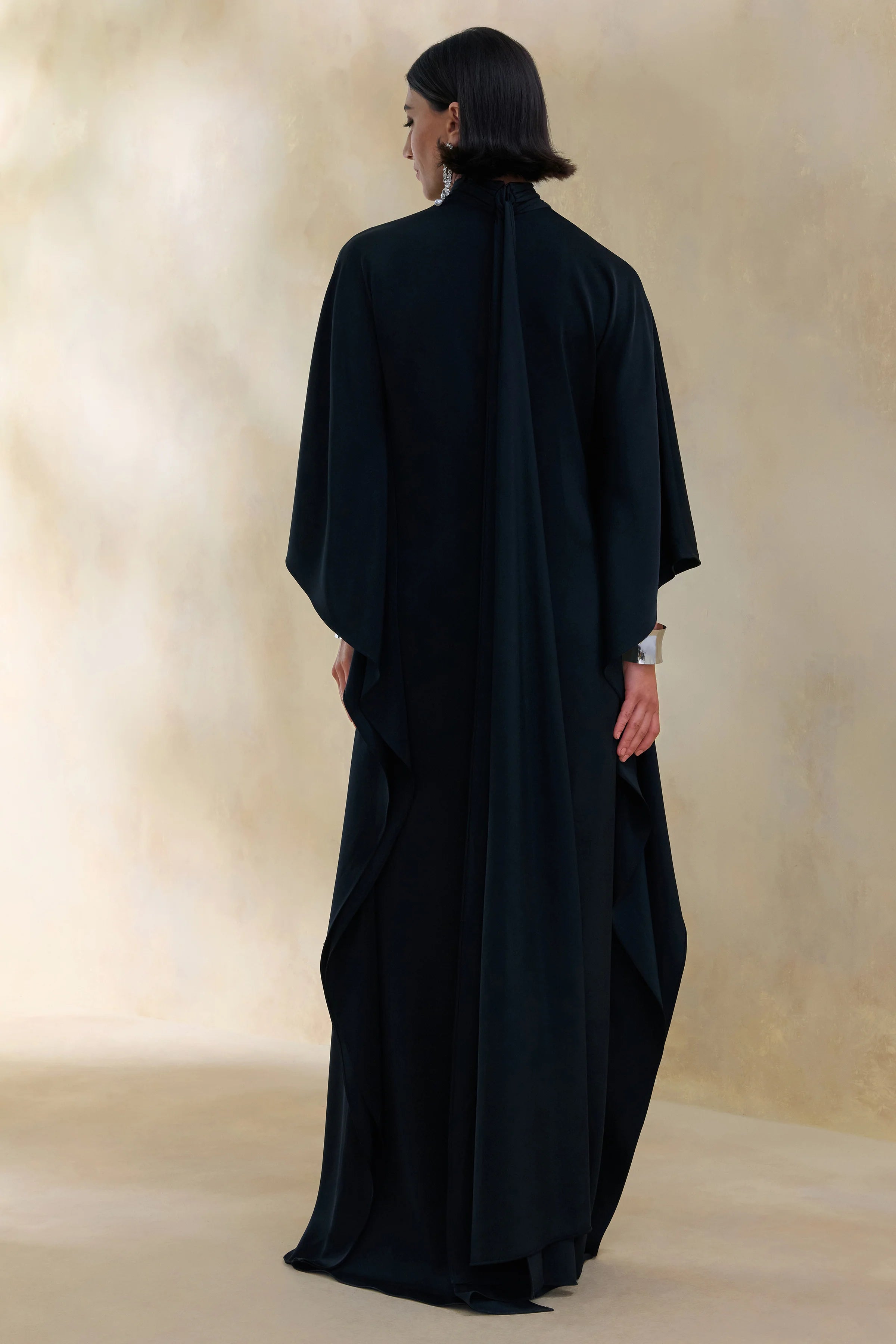 Lumisette Black Satin High Neck Maxi Dress With Cape