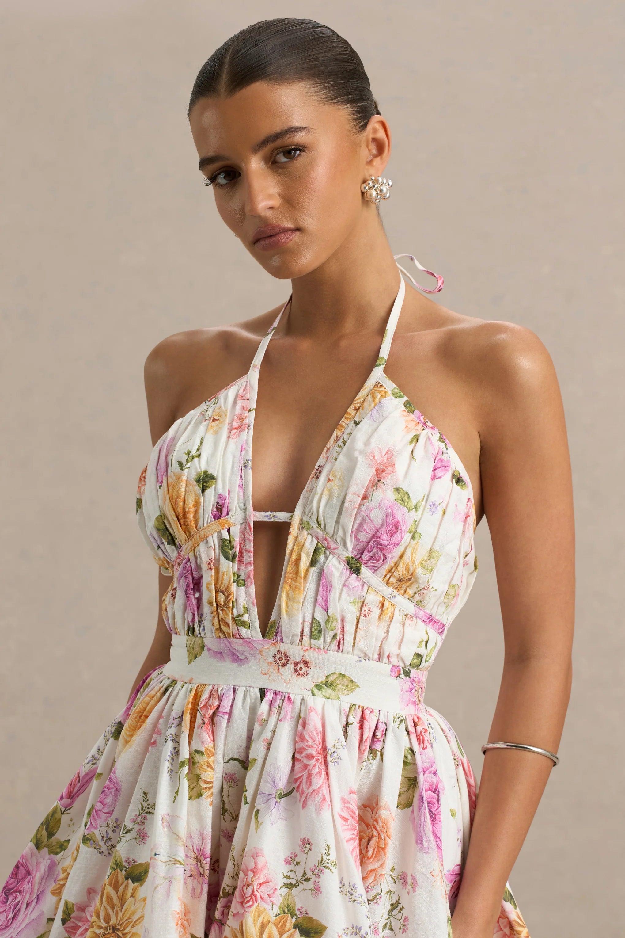 Kasey Cream Floral Print Halter Neck Mini Dress With Ruffle Detail