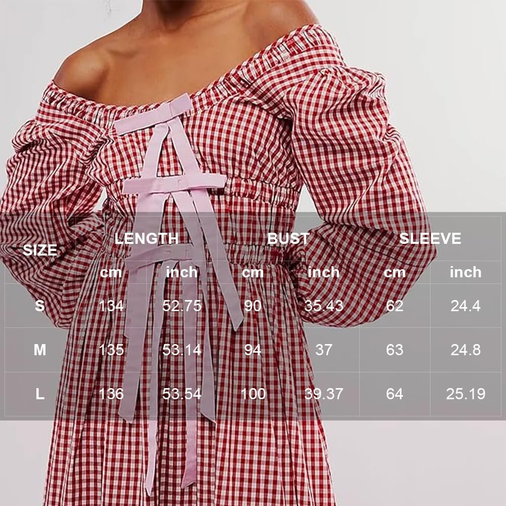 Women Plaid Maxi Dress Long Puff Sleeve Square Neck Flowy Boho Dress Bow Tie Smocked Fall Dresses