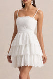 Winona White Lace Square Neck Mini Dress With Ruffled Detailing