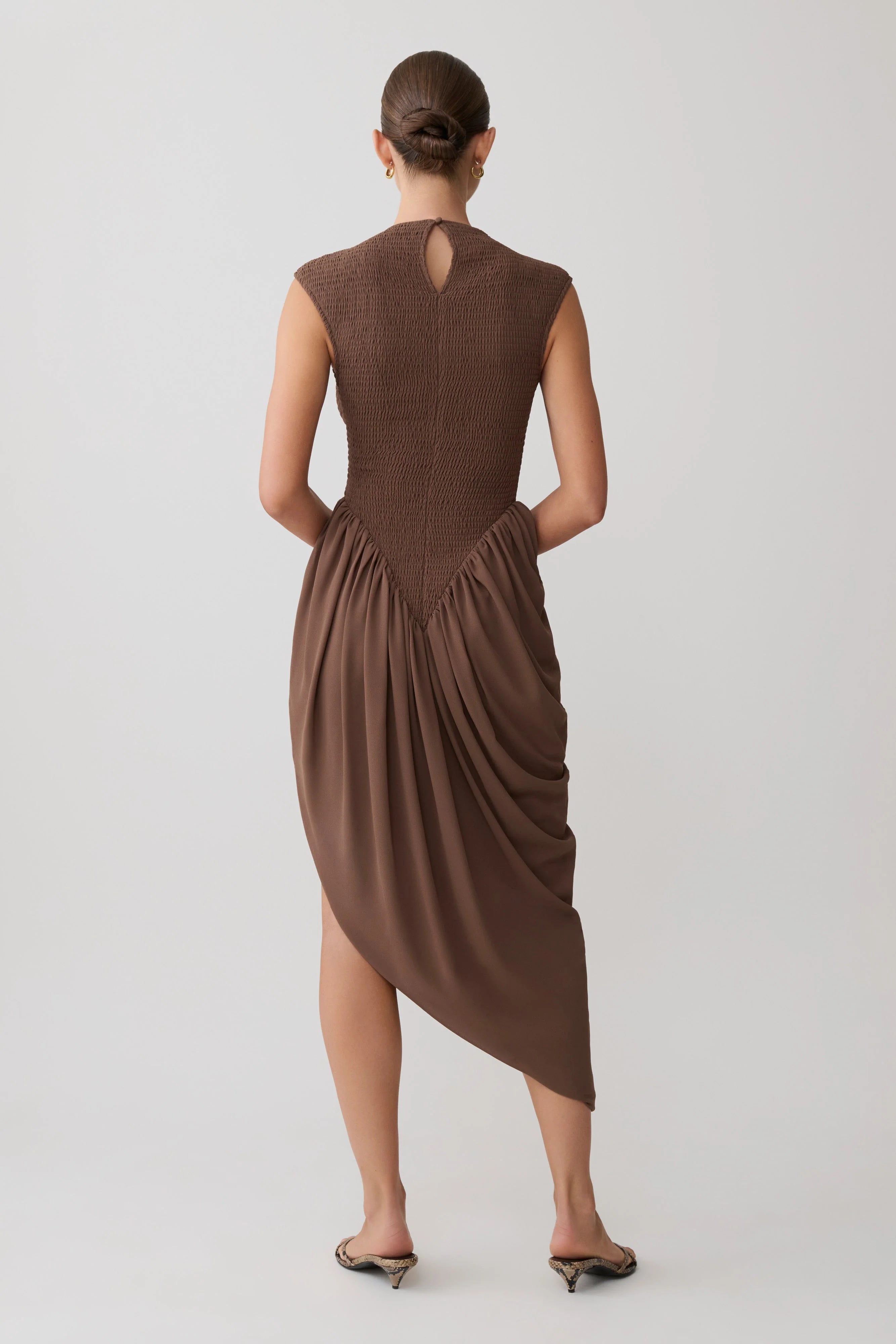 Nola Shirred Asymmetric Midi Dress Mocha