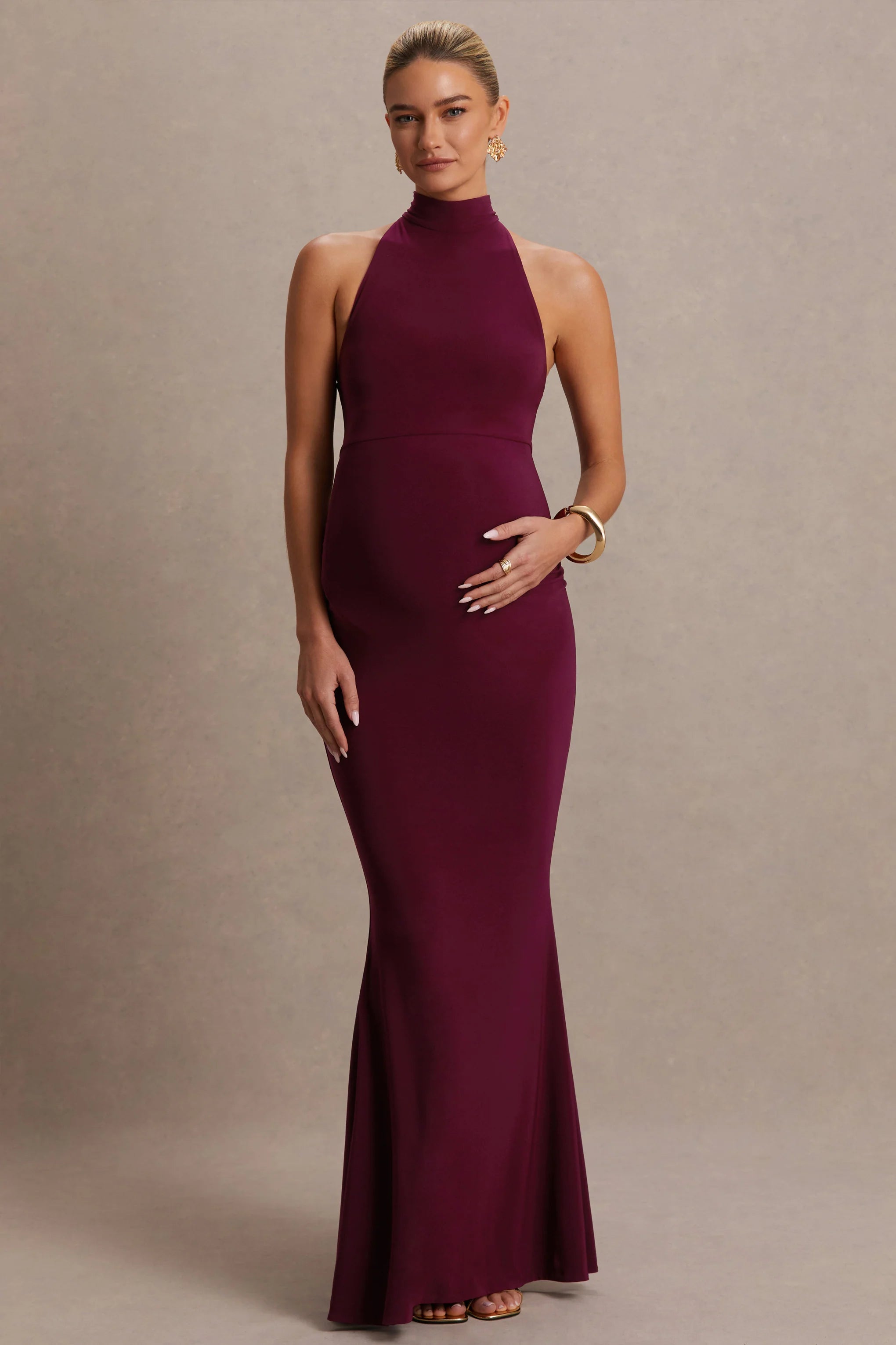 Kaia Burgundy Halter Neck Maternity Dress