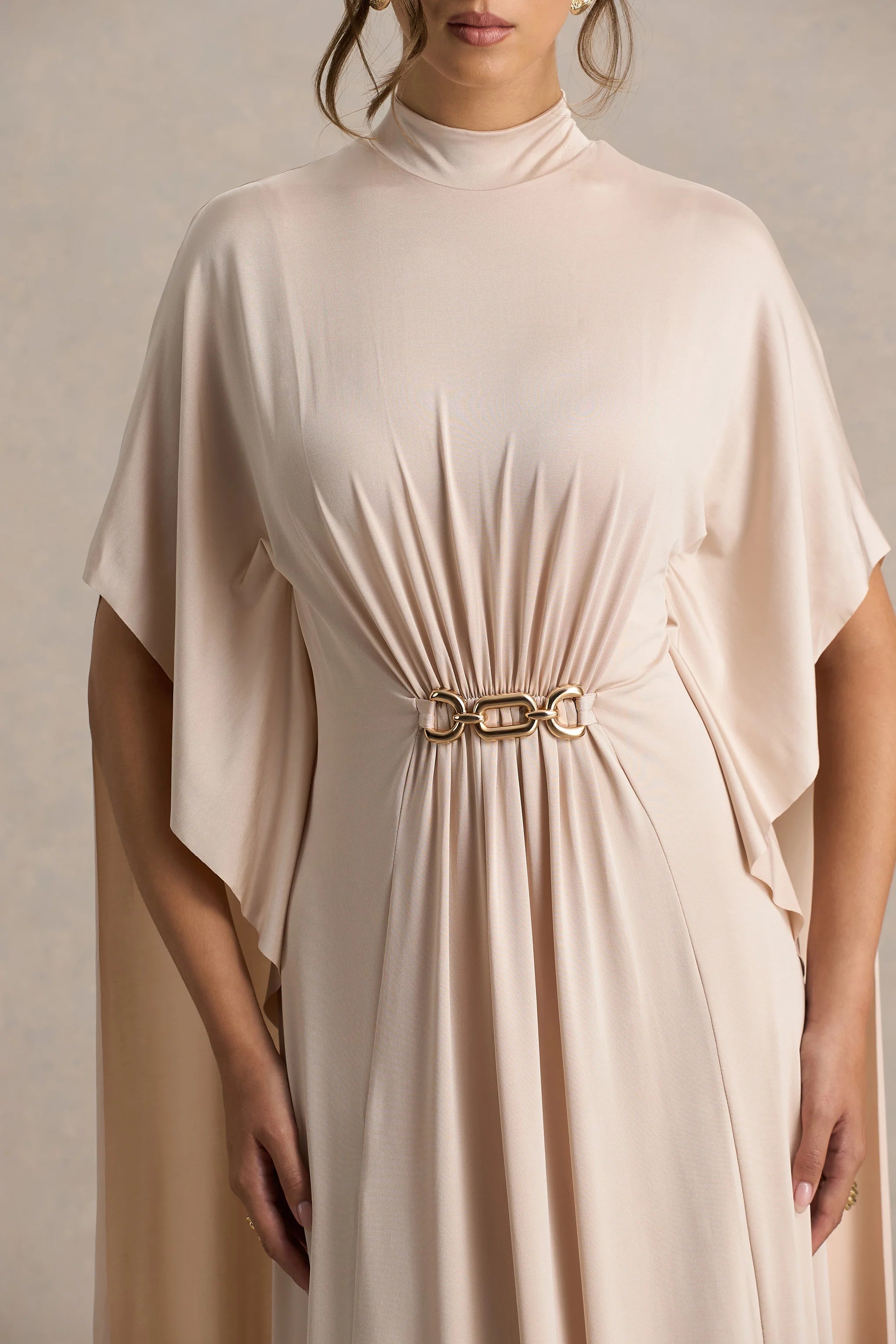 Olessia Champagne Belted Gathered Cape Sleeve Maxi Dress