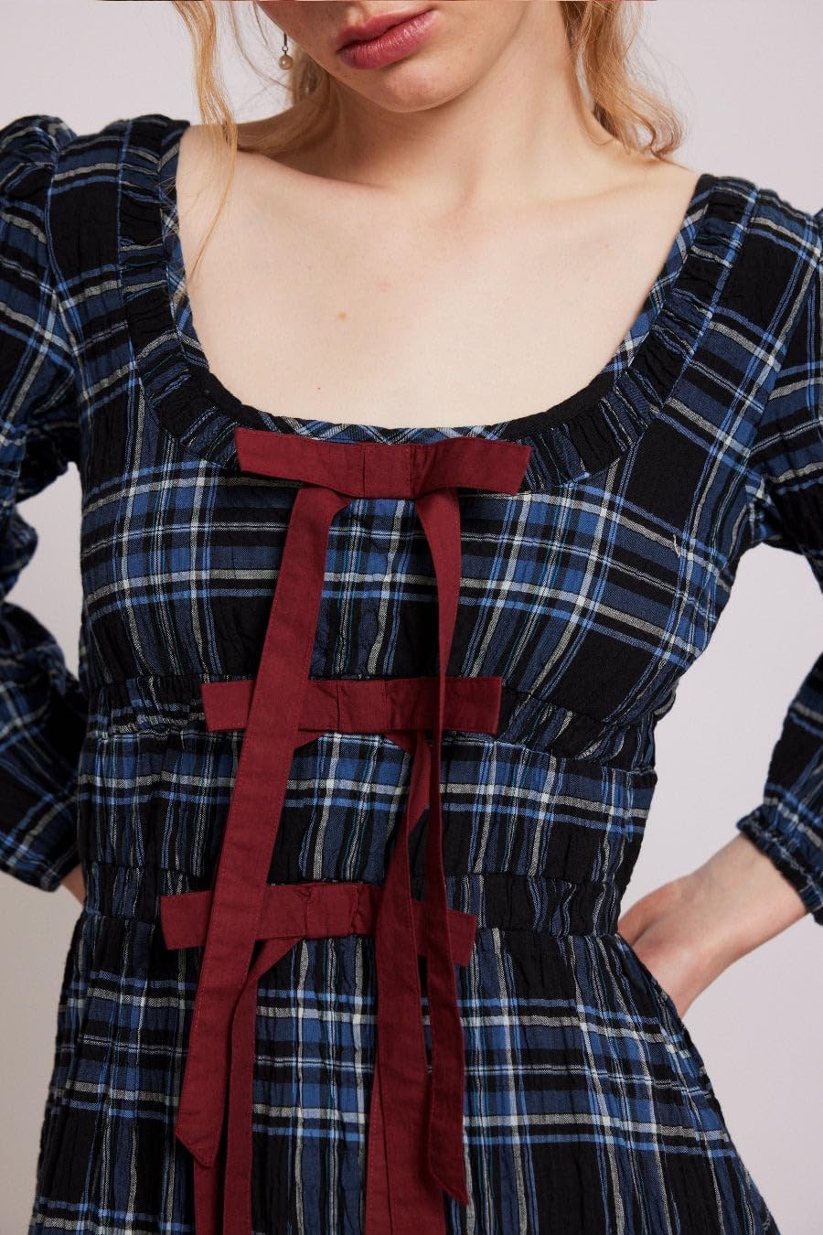 Women Plaid Maxi Dress Long Puff Sleeve Square Neck Flowy Boho Dress Bow Tie Smocked Fall Dresses