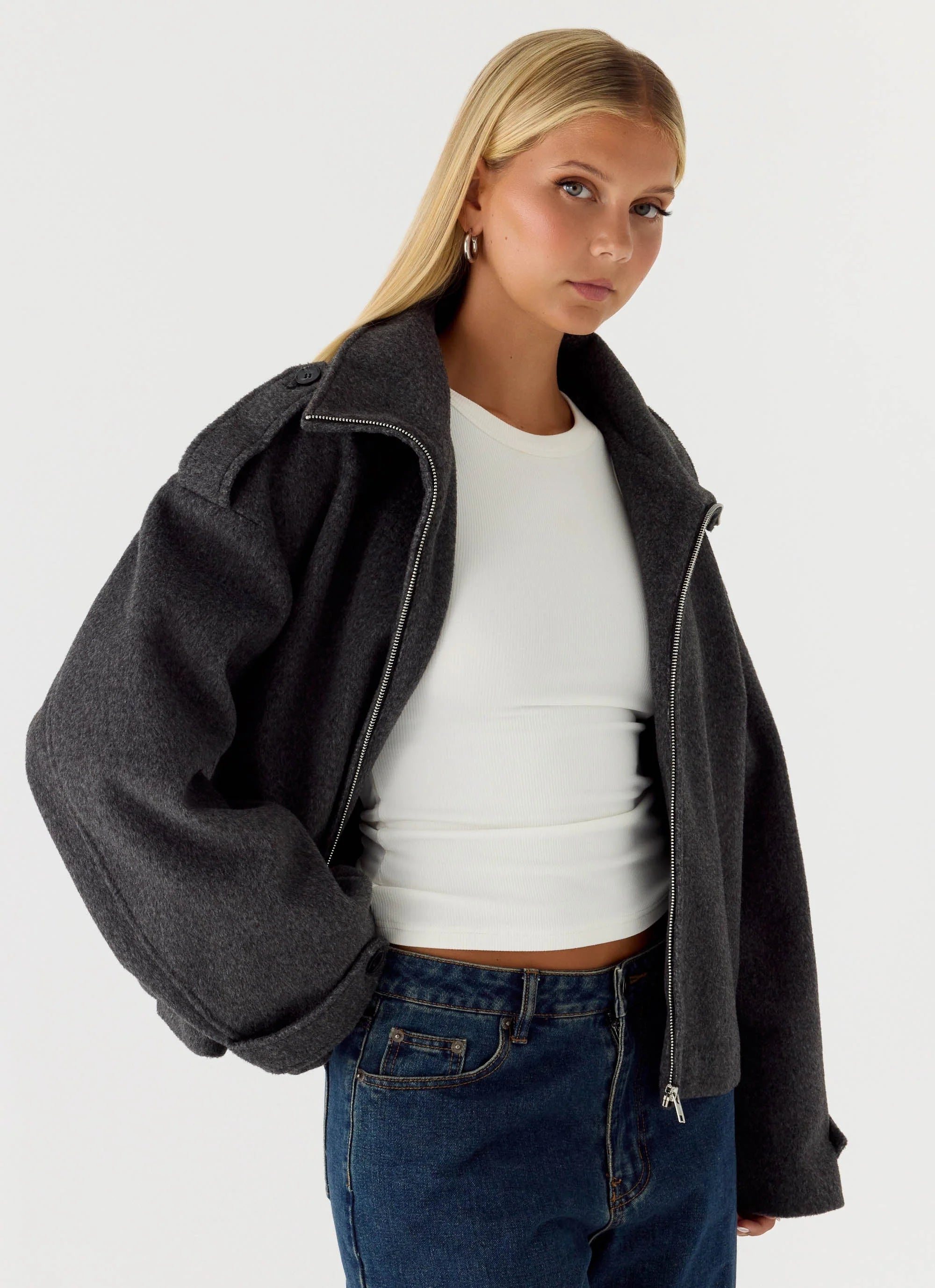 Kaiden Faux Wool Bomber Jacket Charcoal