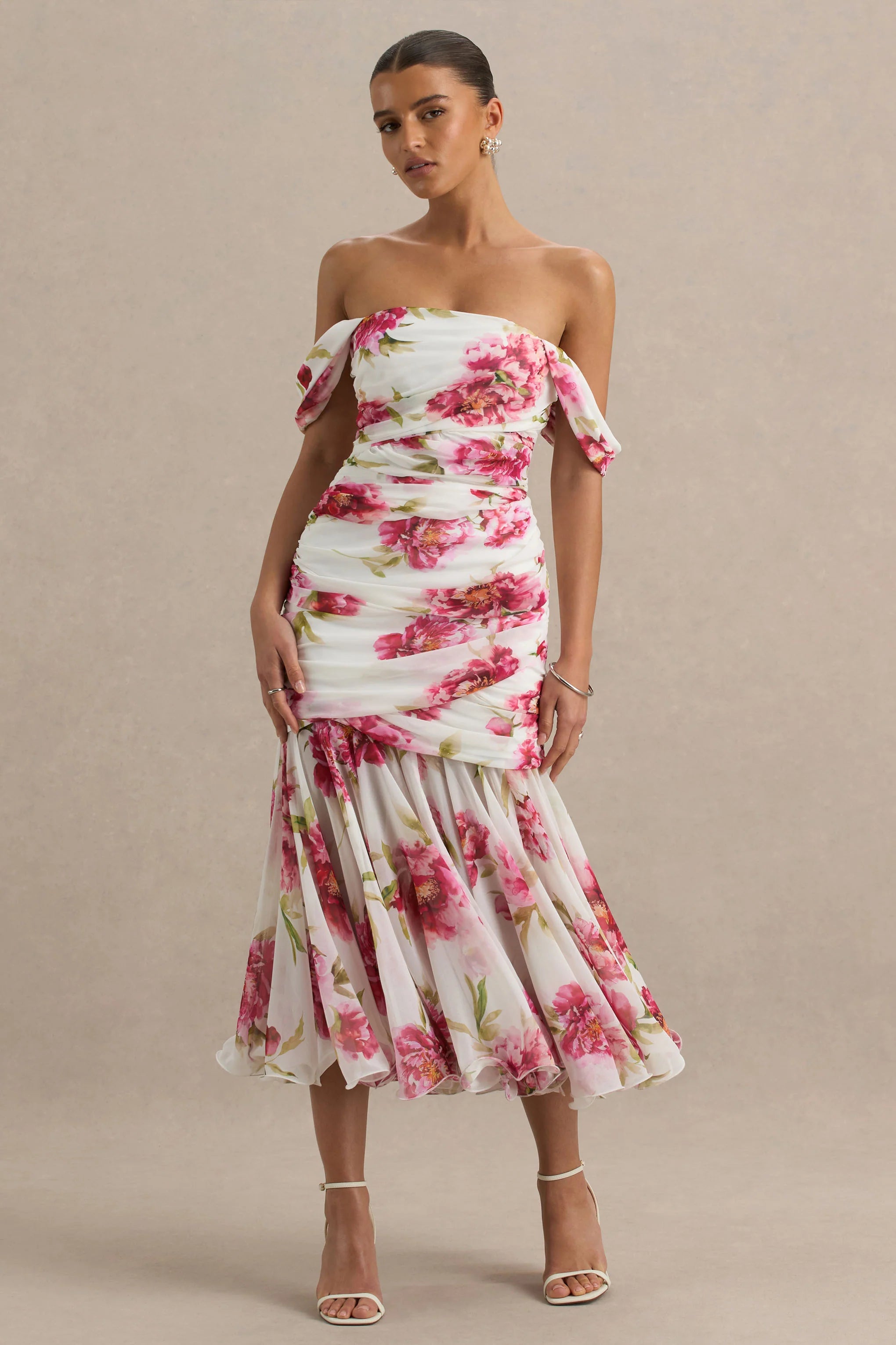 Madelyn Cream Floral Print Short Sleeve Bardot Wrap Maxi Dress With Ruching