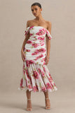 Madelyn Cream Floral Print Short Sleeve Bardot Wrap Maxi Dress With Ruching