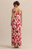 Danika Hot Pink Floral Print Square Neck Belted Maxi Dress With Pleated Skirt