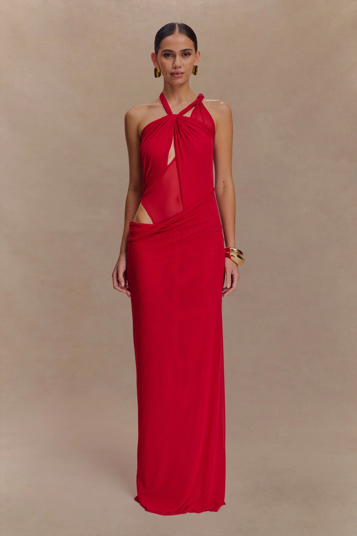 Edwina Knotted Mesh Maxi Dress Red