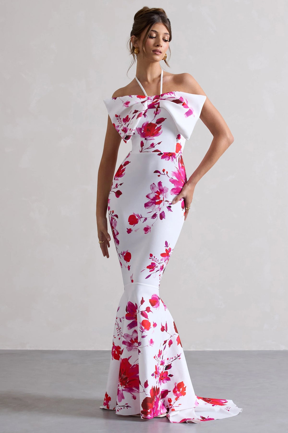 Sakura Pink Floral Print Halter Neck Fishtail Maxi Dress With Bow