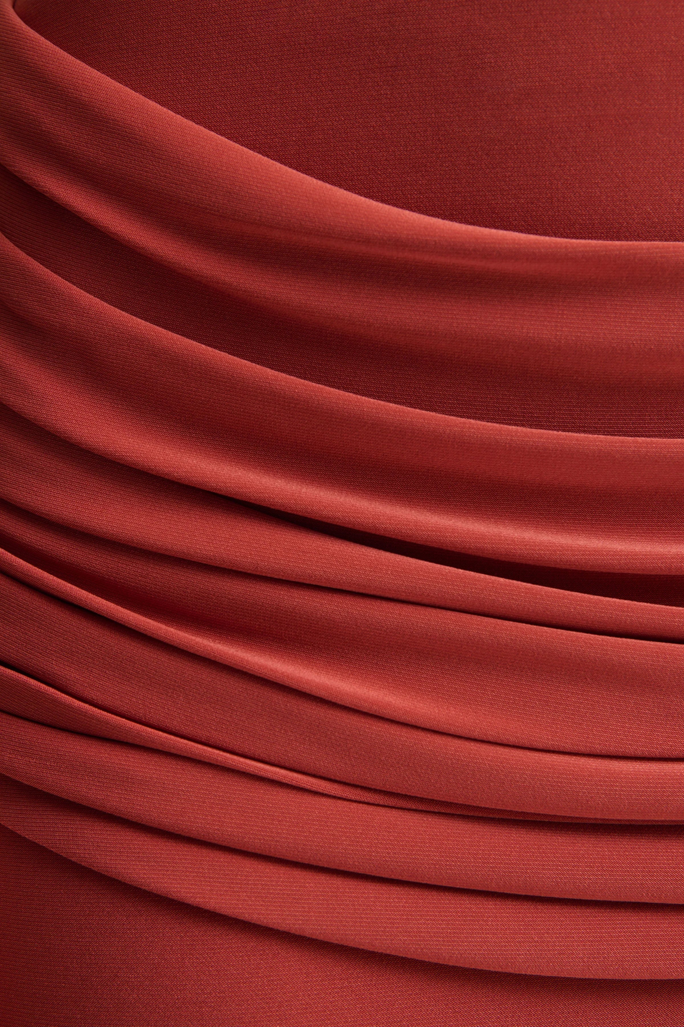 Graciella Rust Bandeau Maxi Dress With Draped Detailing And Scarf