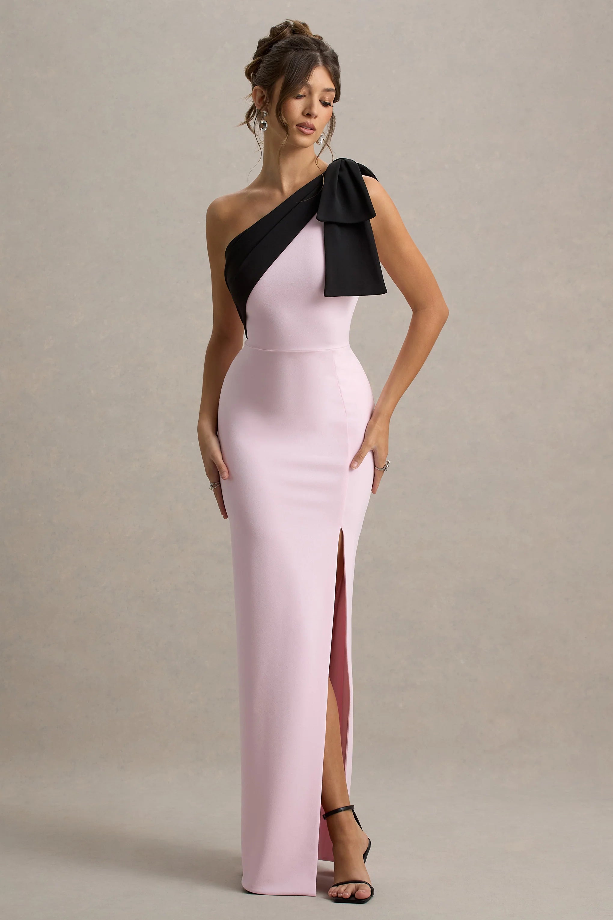 Kiri Pink Black One Shoulder Bow Maxi Dress