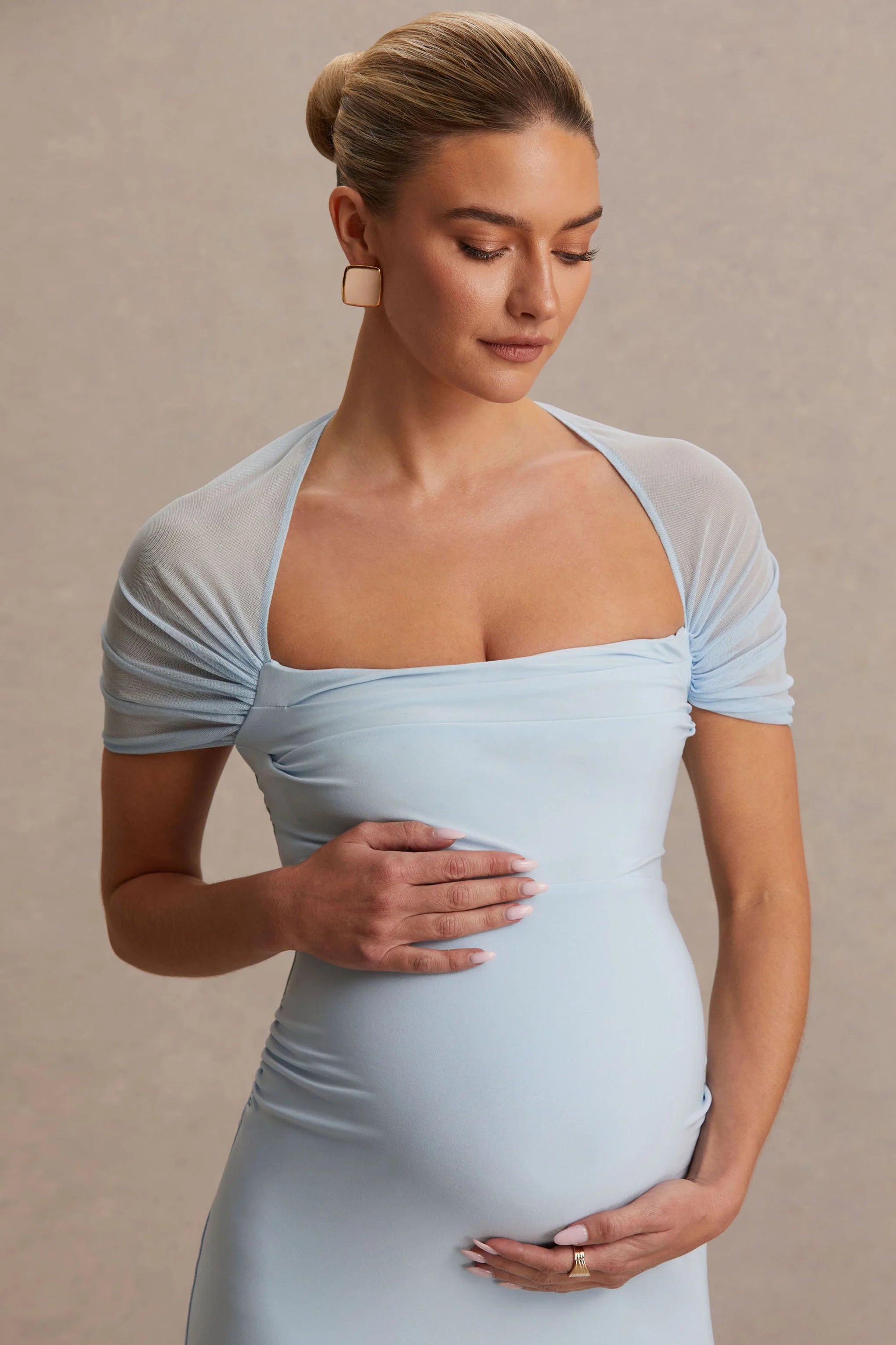 Dome Powder Blue Square Neck Mesh Sleeve Maternity Maxi Dress