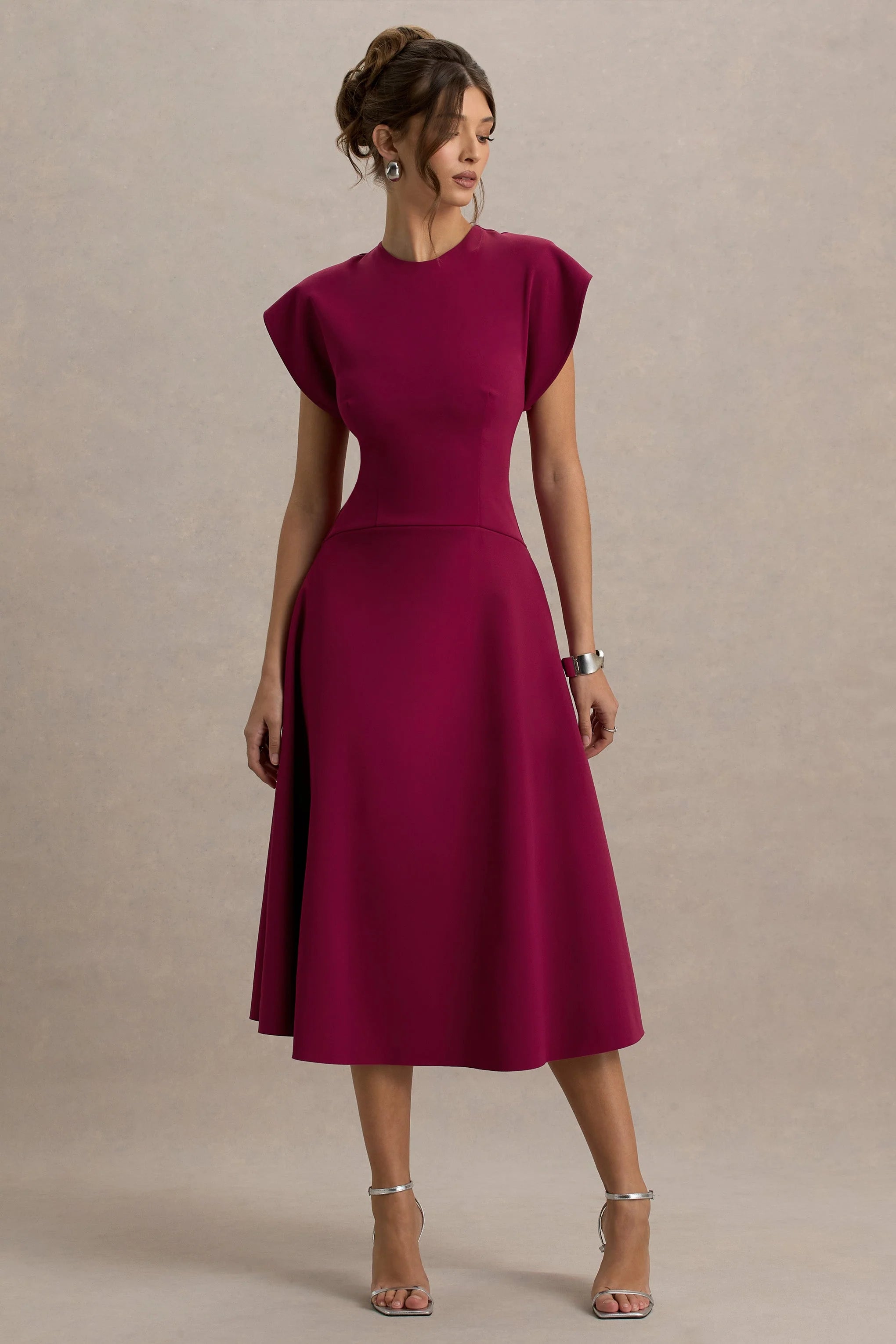 Linda Dark Cherry Crew Neck Cap Sleeve Midi Dress