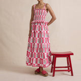 Women Floral Maxi Dress Sleeveless Smocked Ruffle Flowy Boho Sundress with Pockets Summer Vacation
