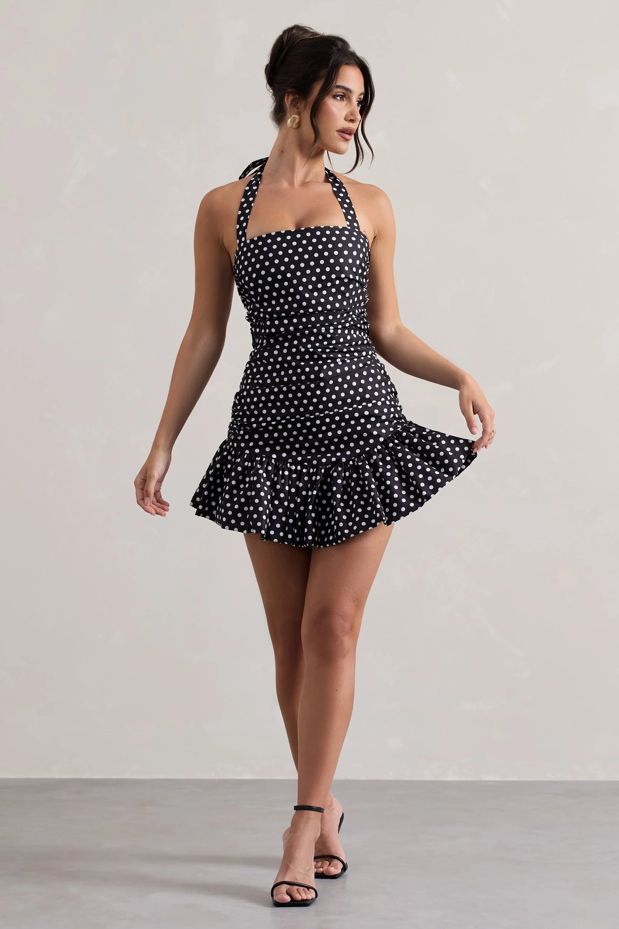 Zahra Black White Polka Dot Halter Neck Ruched Mini Dress With Ruffle Hem