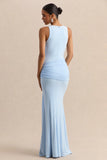 Mirene Powder Blue Round Neck Maxi Dress With Gathered Detailing And Sash