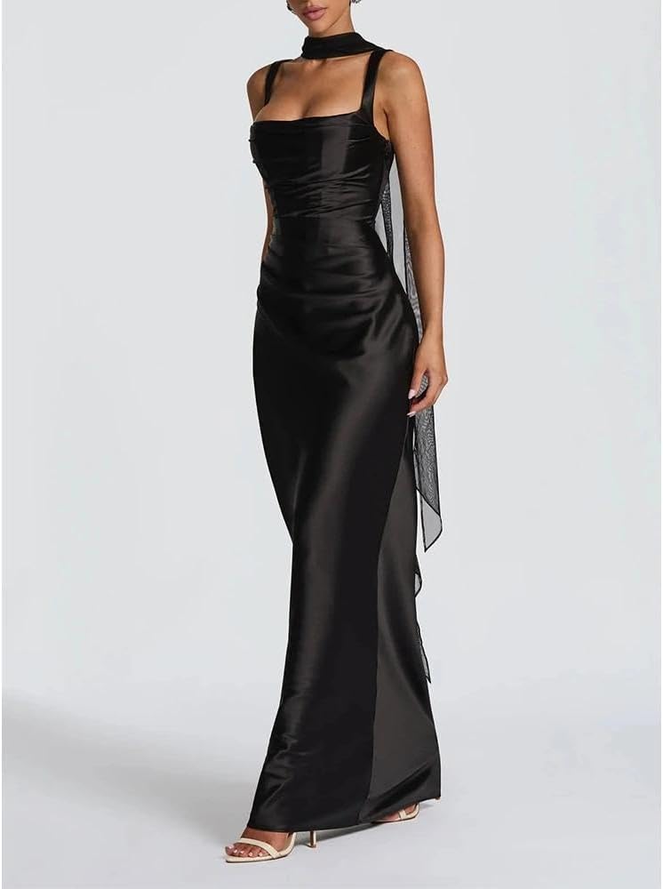 Women Wedding Guest Dress Satin Corset Top Elegant Maxi Dresses with Sheer Scarf Evening Gown