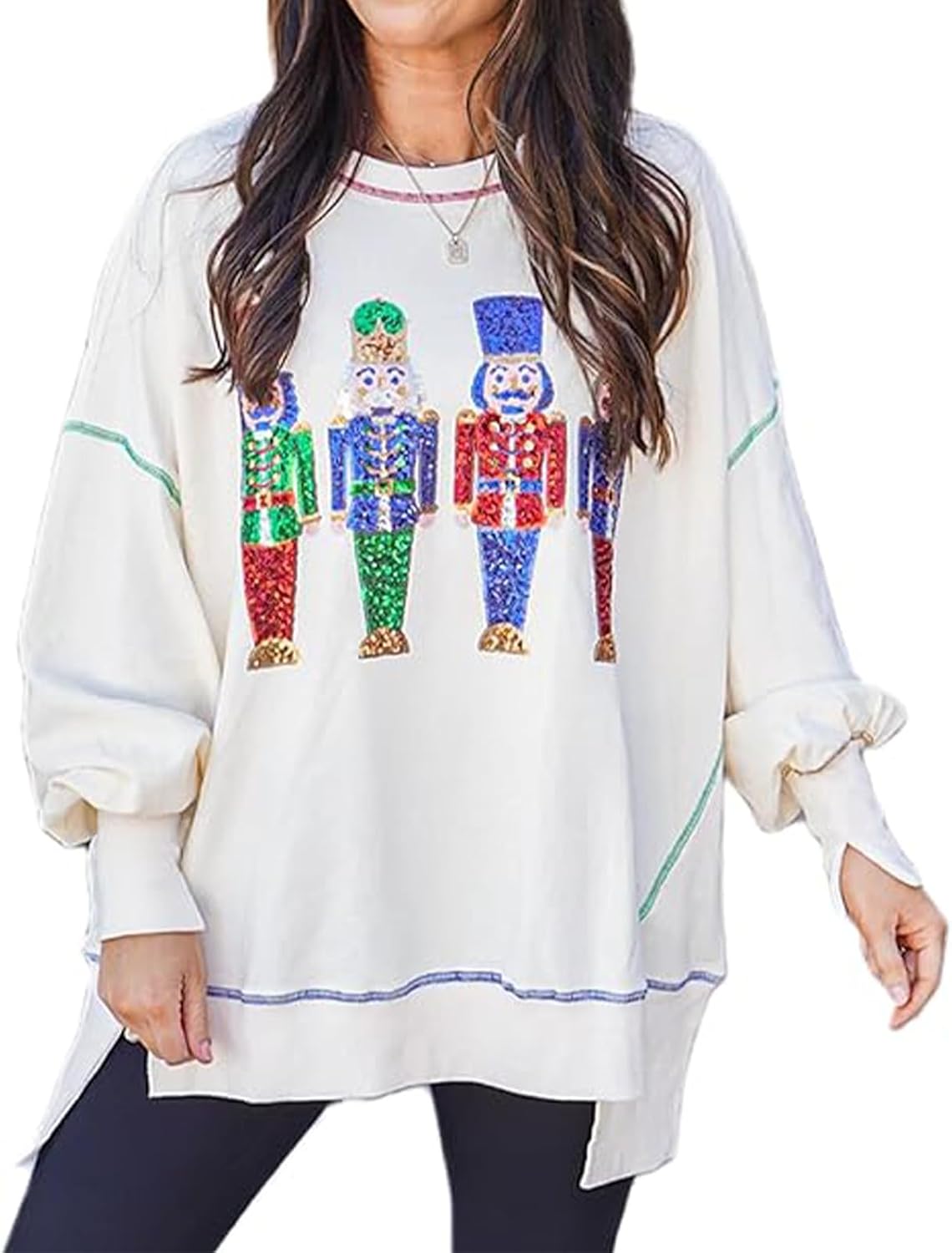 Christmas Sweatshirt for Women Funny Sequin Sweater Nutcracker Santa Xmas Graphic Oversized Pullover Tops