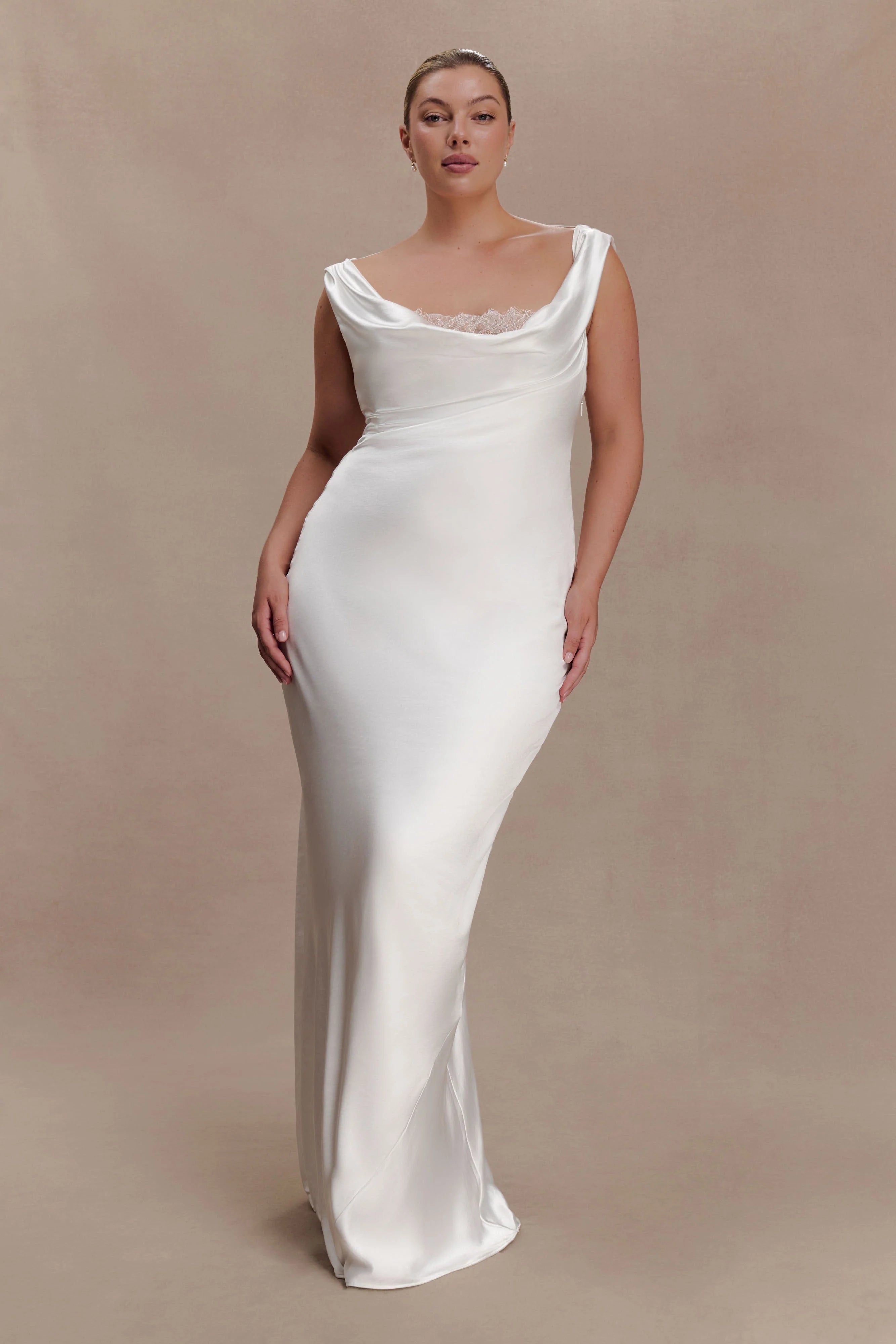 Ashley Cowl Neck Lace And Satin Maxi Dress Ivory