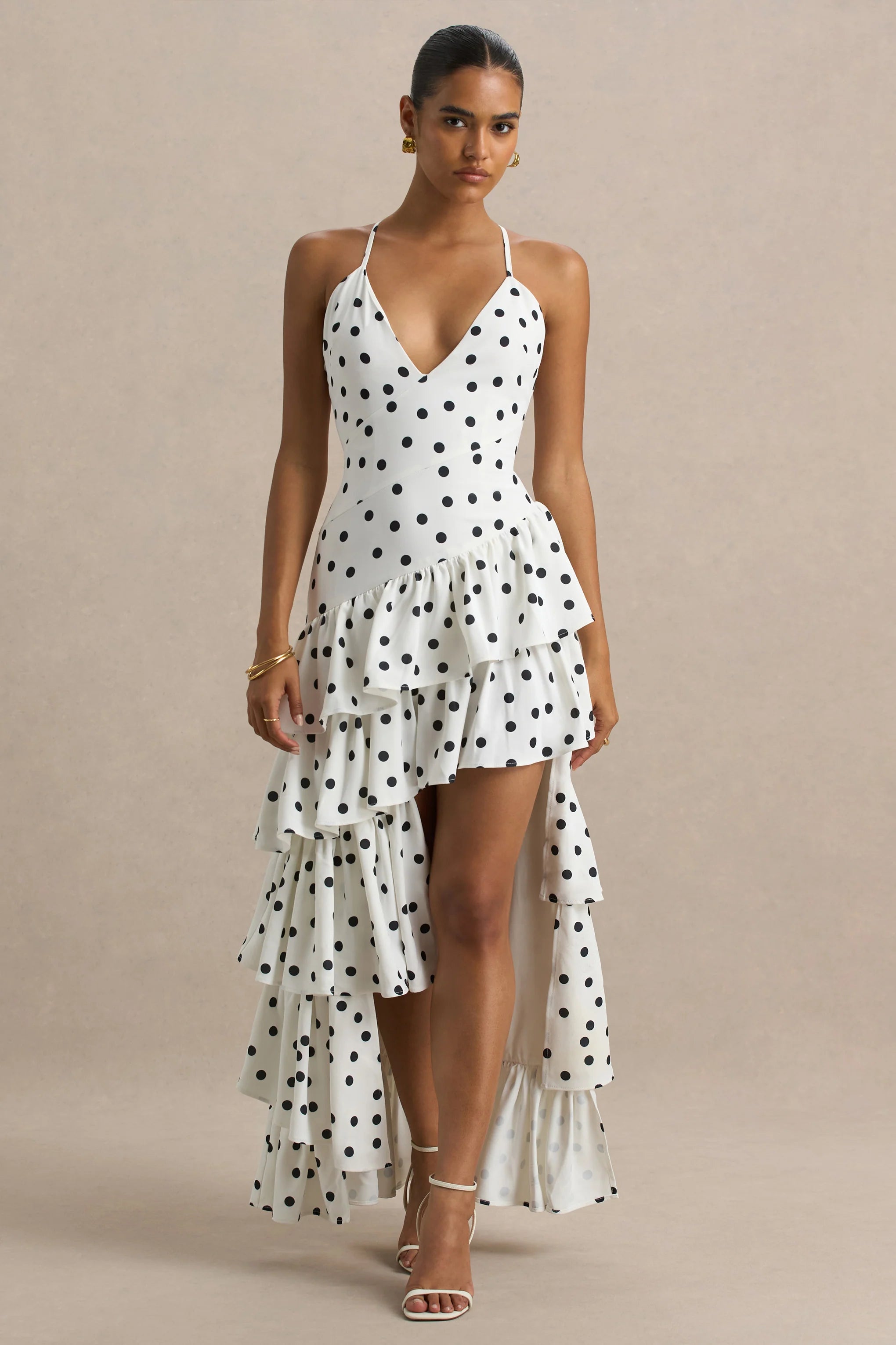 Bogota Polka Dot Plunge Neck Maxi Dress With Ruffling Details And Front High Split