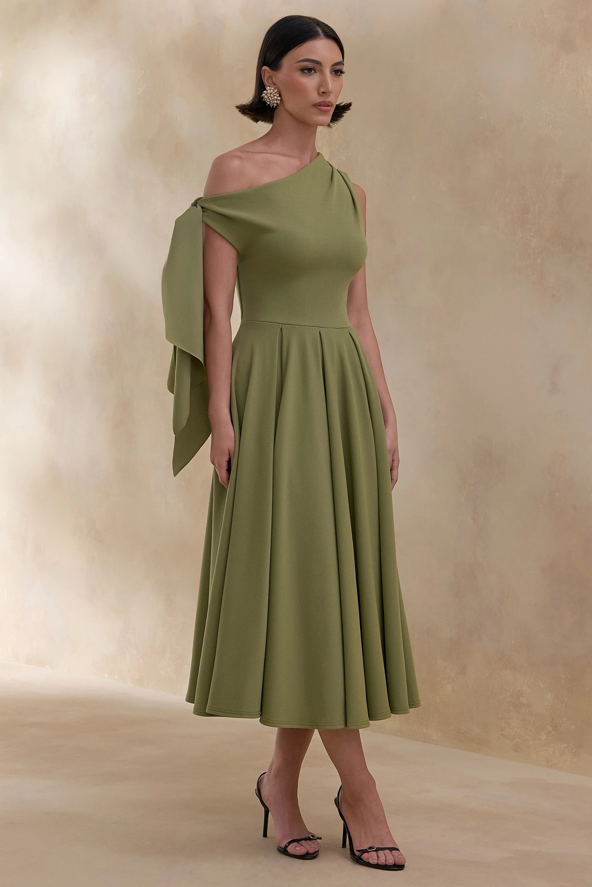 Daring Olive Asymmetric Neck Midi Dress With Knot Detail