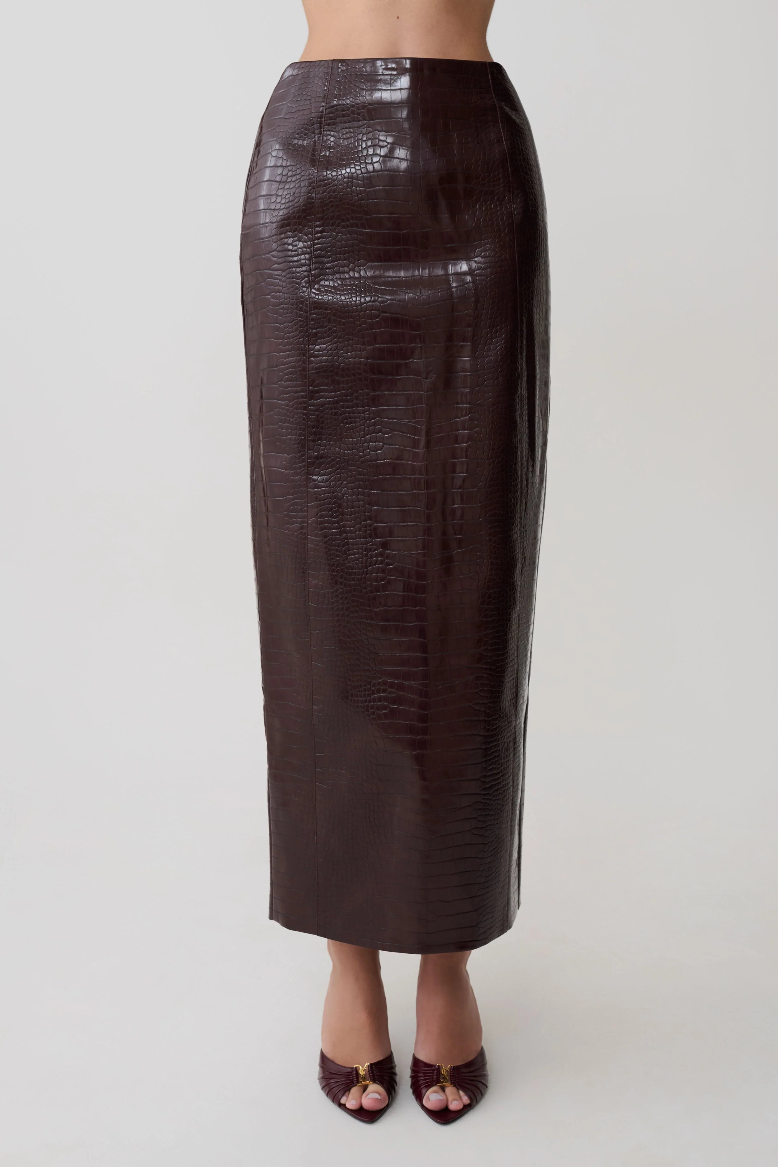 Thalia Croc Faux Leather Midi Skirt Merlot