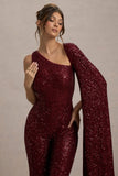 Star Seeker Port Sequin One Shoulder Cape Sleeve Jumpsuit