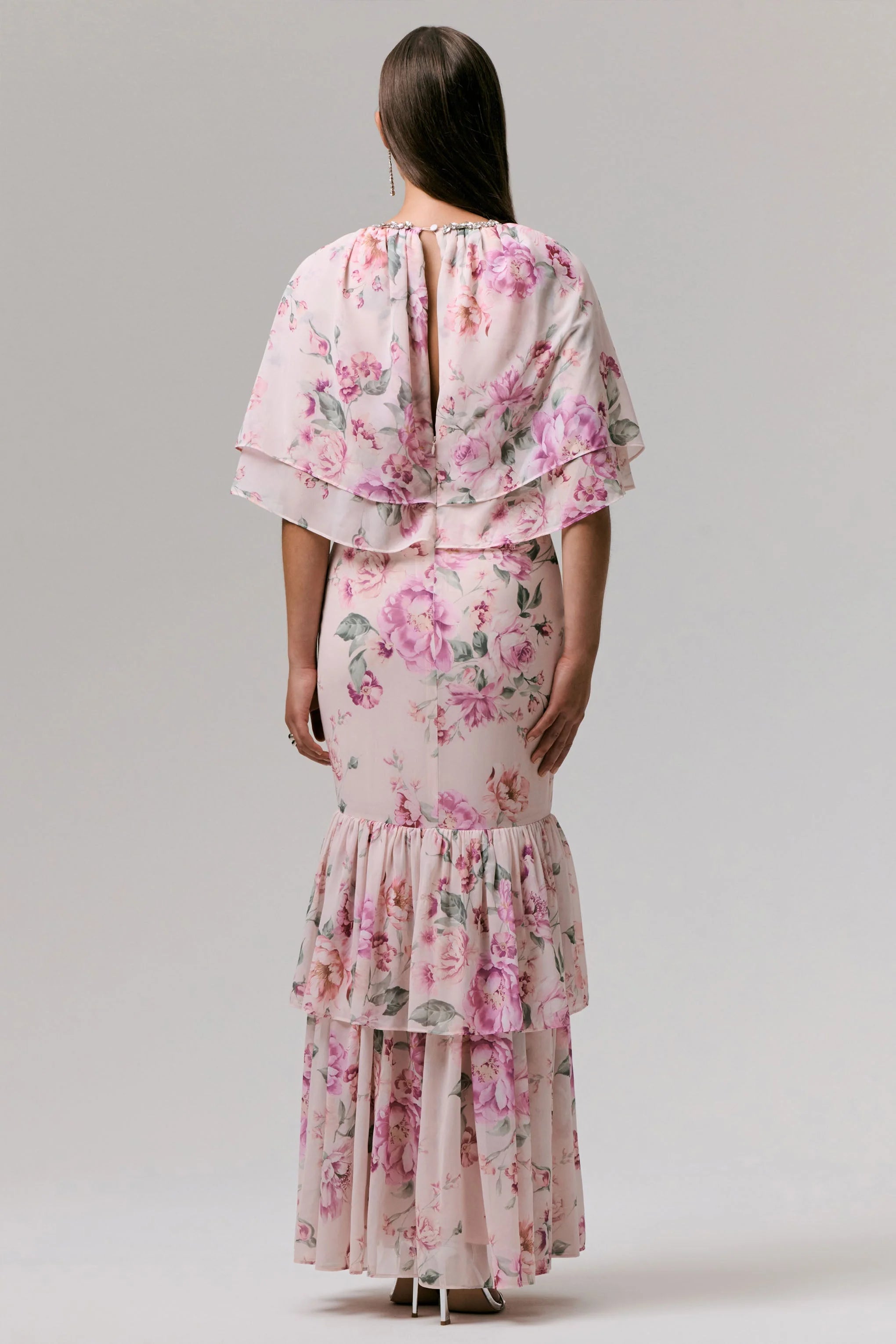 Never Let Go Pink Floral Print Chiffon Maxi Dress With Tiered Hem