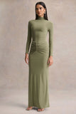 Persis Olive High Neck Maxi Dress With Gathered Detailing