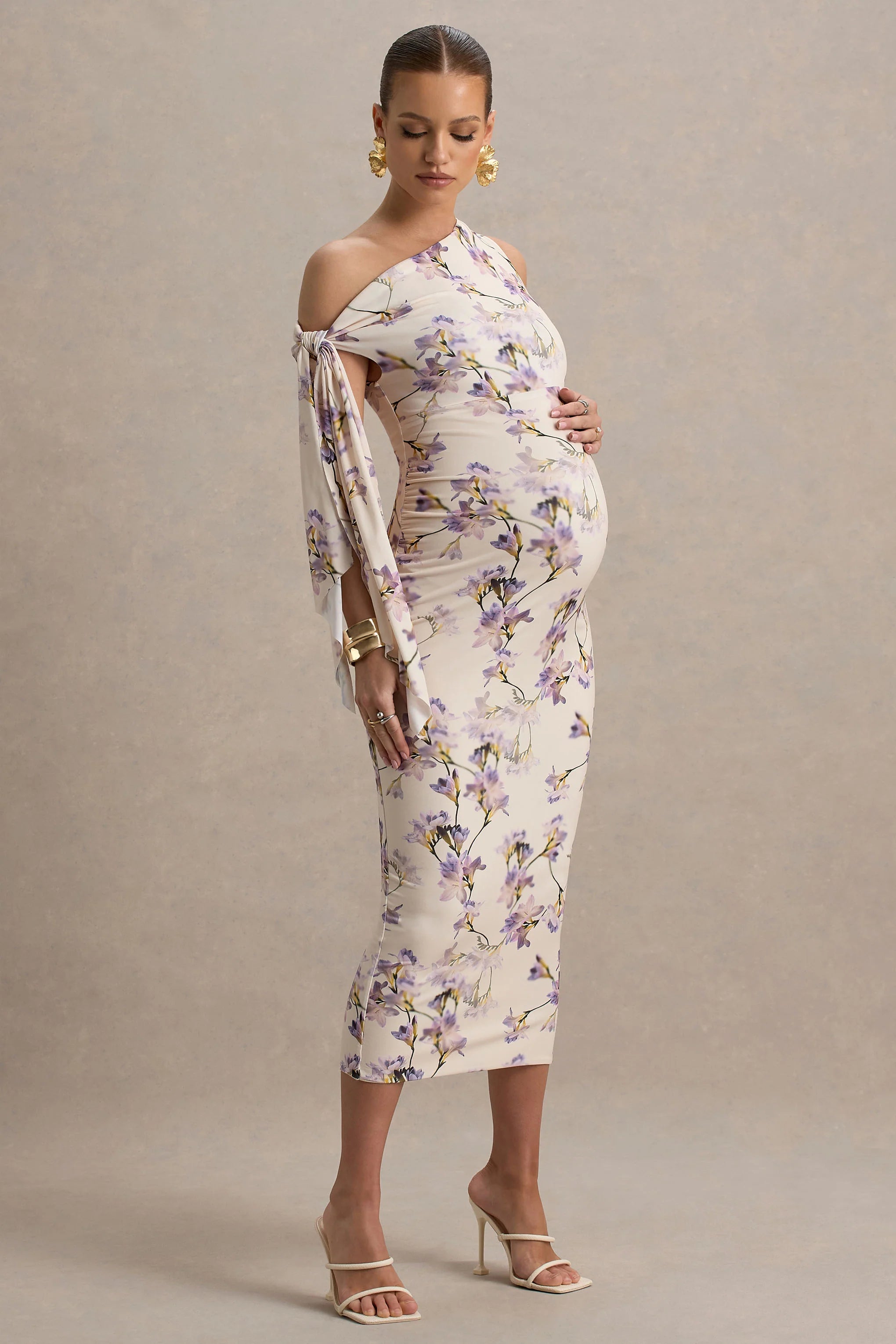 Katarine Peach Floral Print Asymmetric Knot Maternity Midi Dress