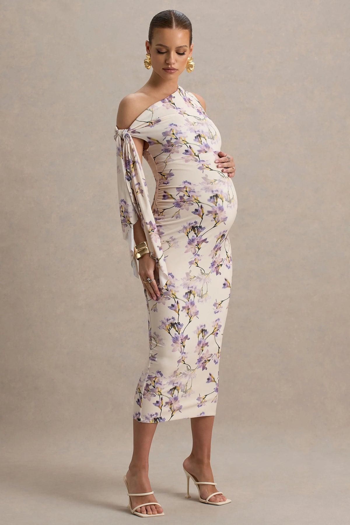 Katarine Peach Floral Print Asymmetric Knot Maternity Midi Dress