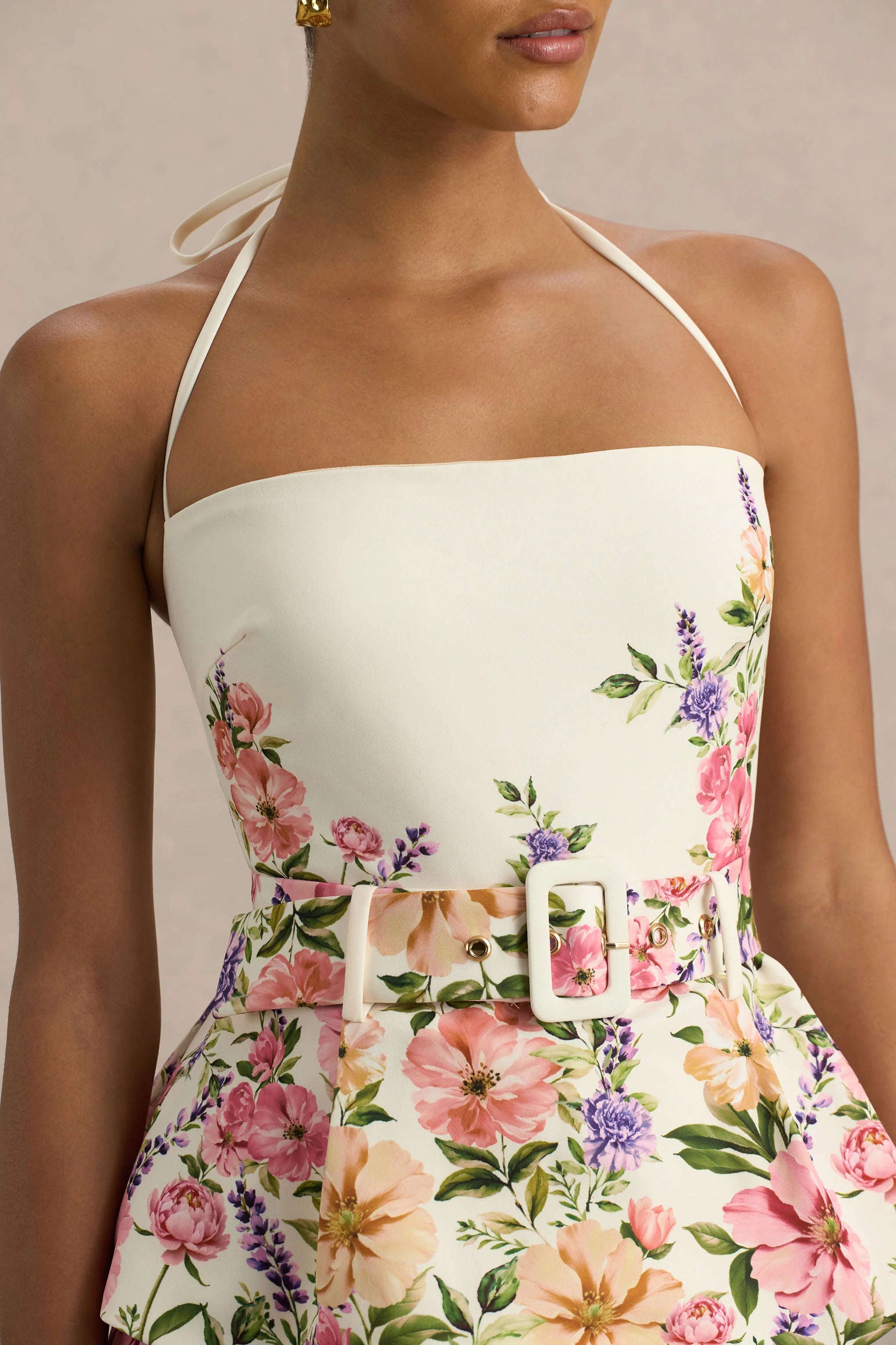 Maud White Floral Border Print Square Neck Tailored Top
