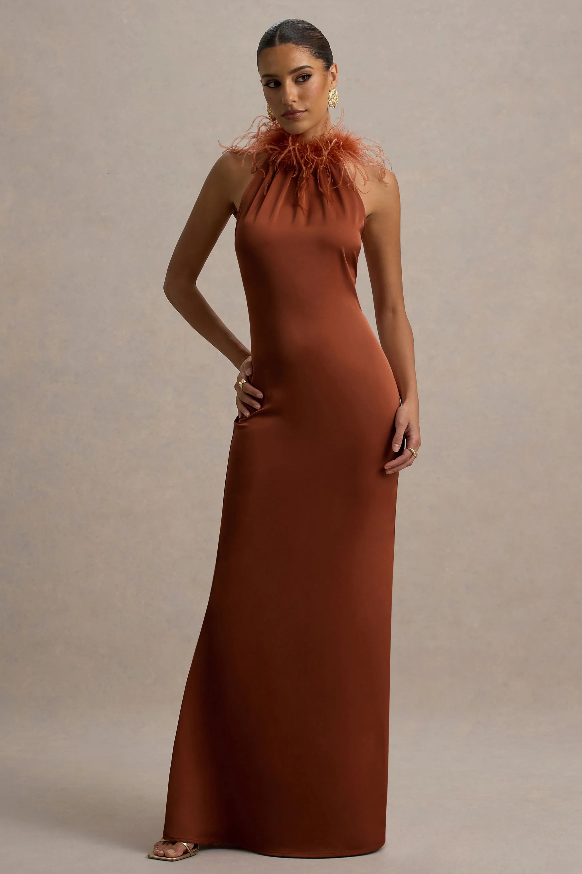 Bianca Rust Satin Feather Trim Maxi Dress