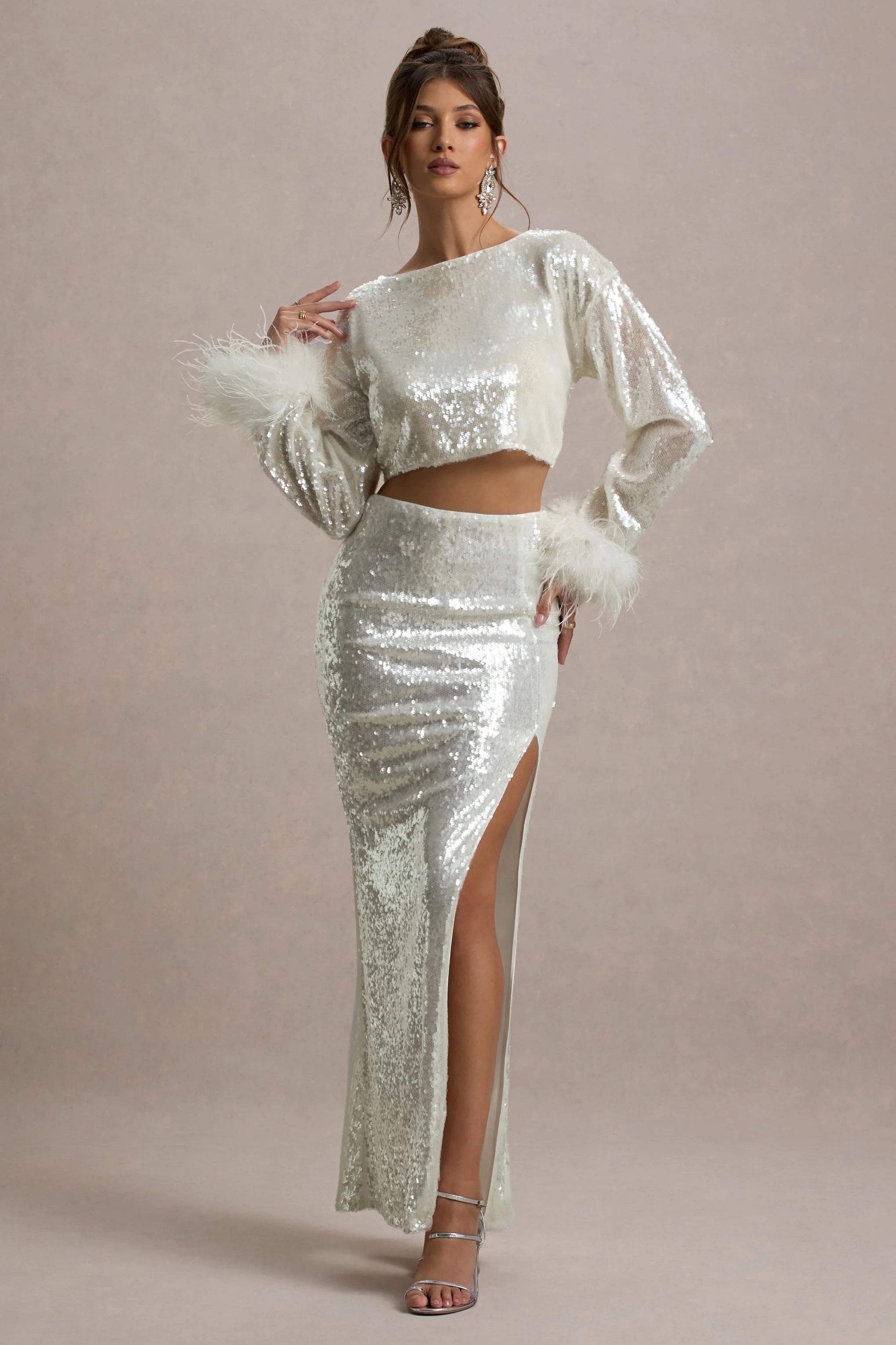 Solita Sand Sequin Long Sleeve Crop Top With Feather Trim