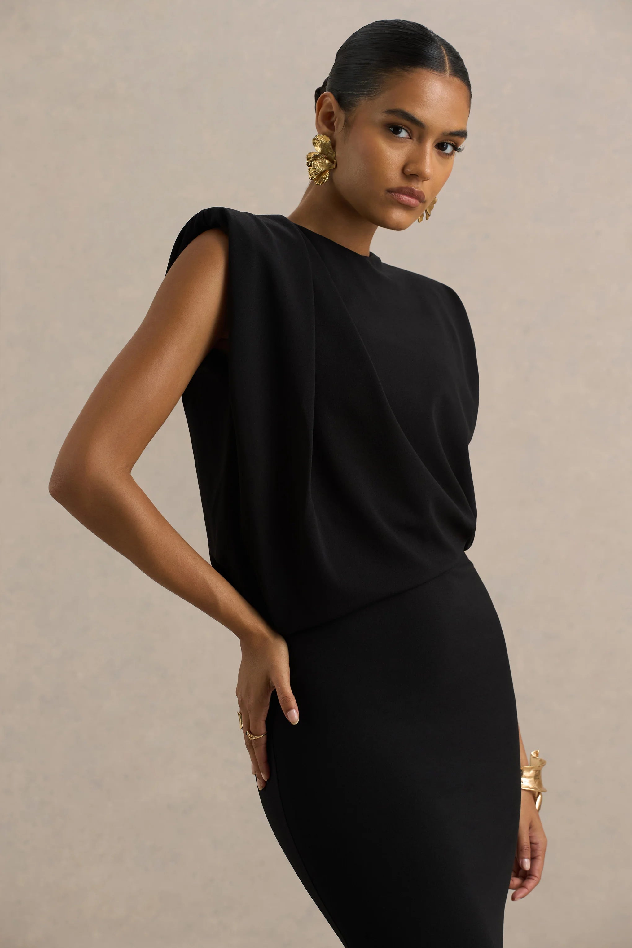 Meave Black Boat Neck Maxi Dress With Draped Detail