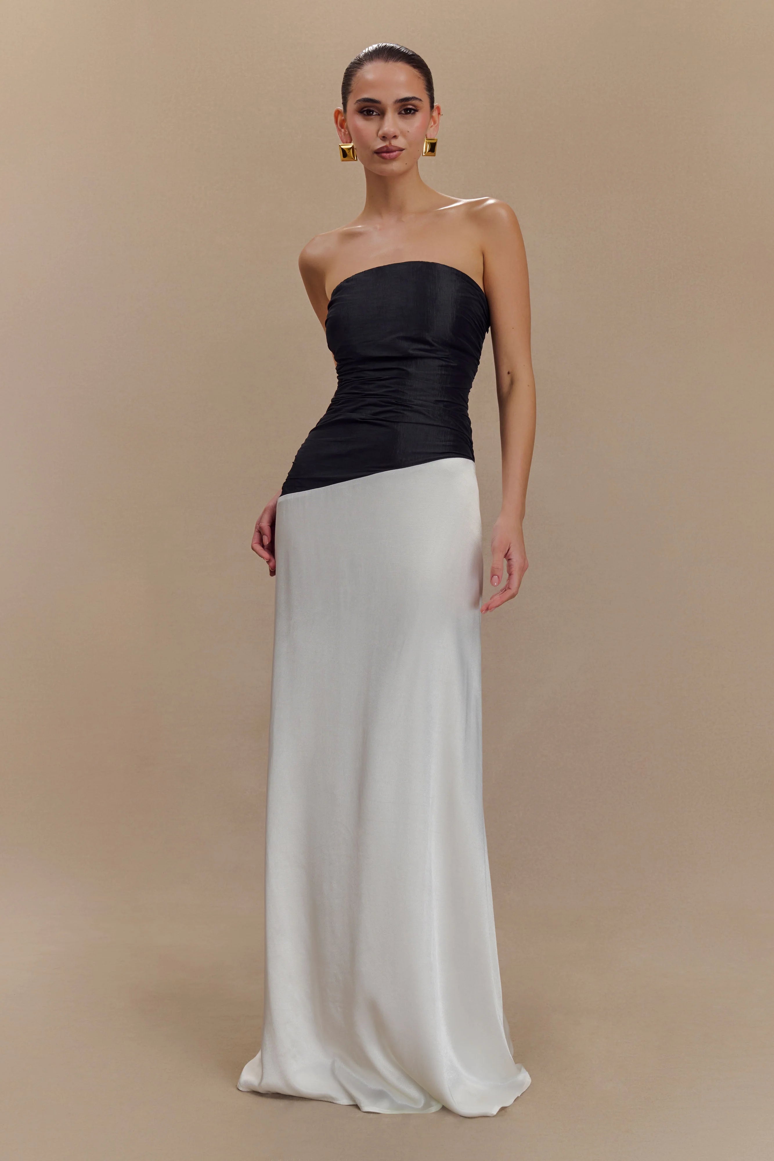 Serena Strapless Taffeta Maxi Dress White Black