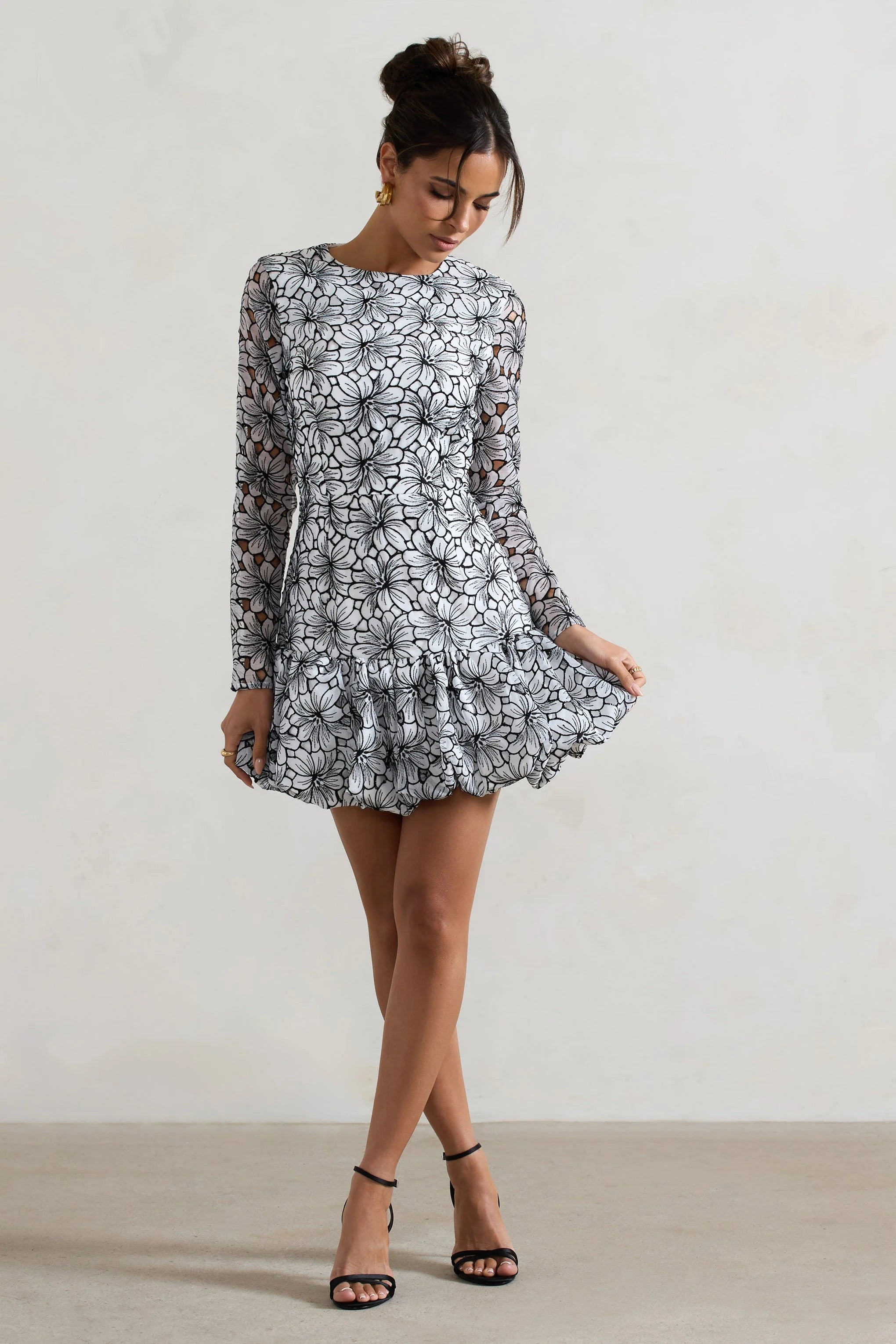 Claribel Black White Lace Long Sleeve Mini Dress With Ruffle Hem