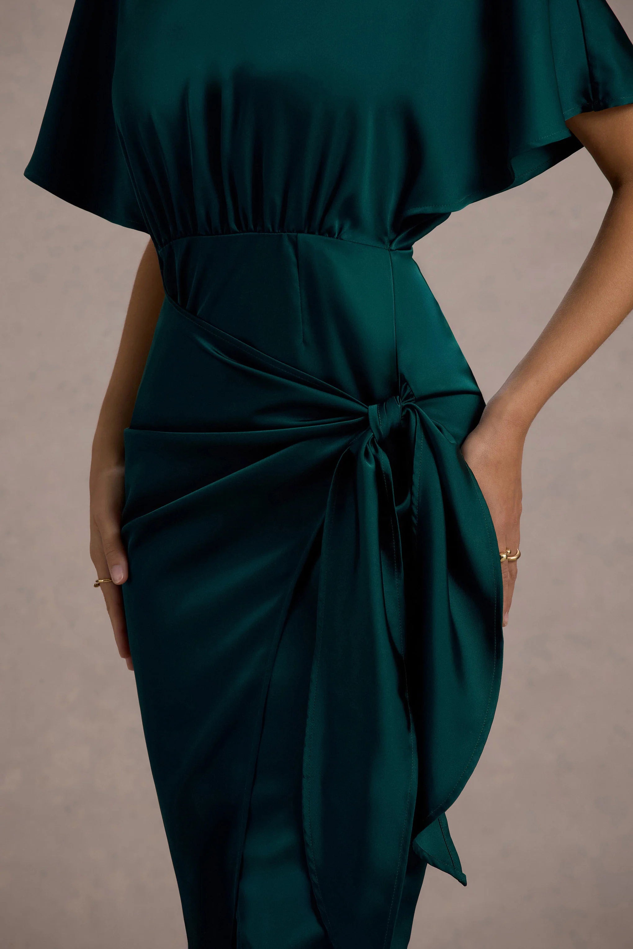 Mika Bottle Green Satin Short Sleeve Wrap Maxi Dress