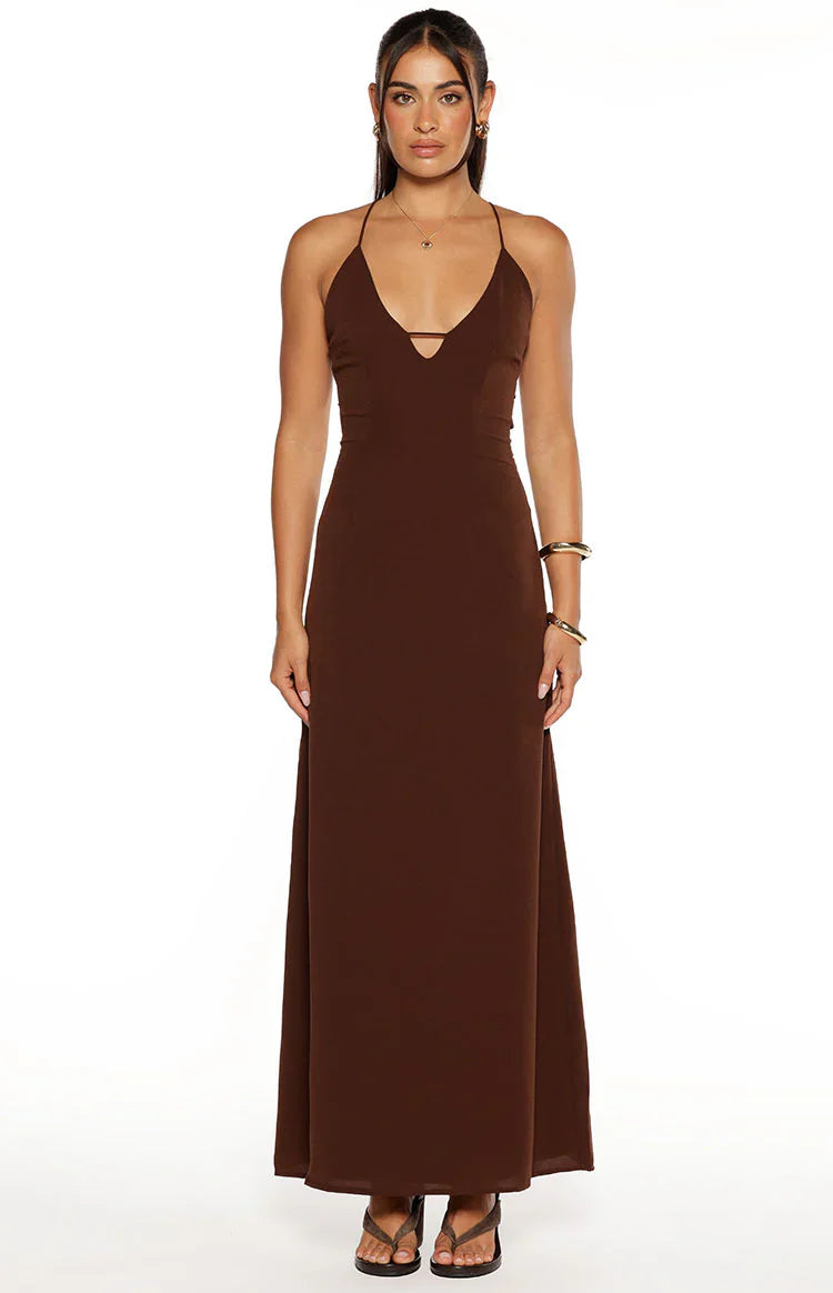 La Jolla Brown V Neck Maxi Dress