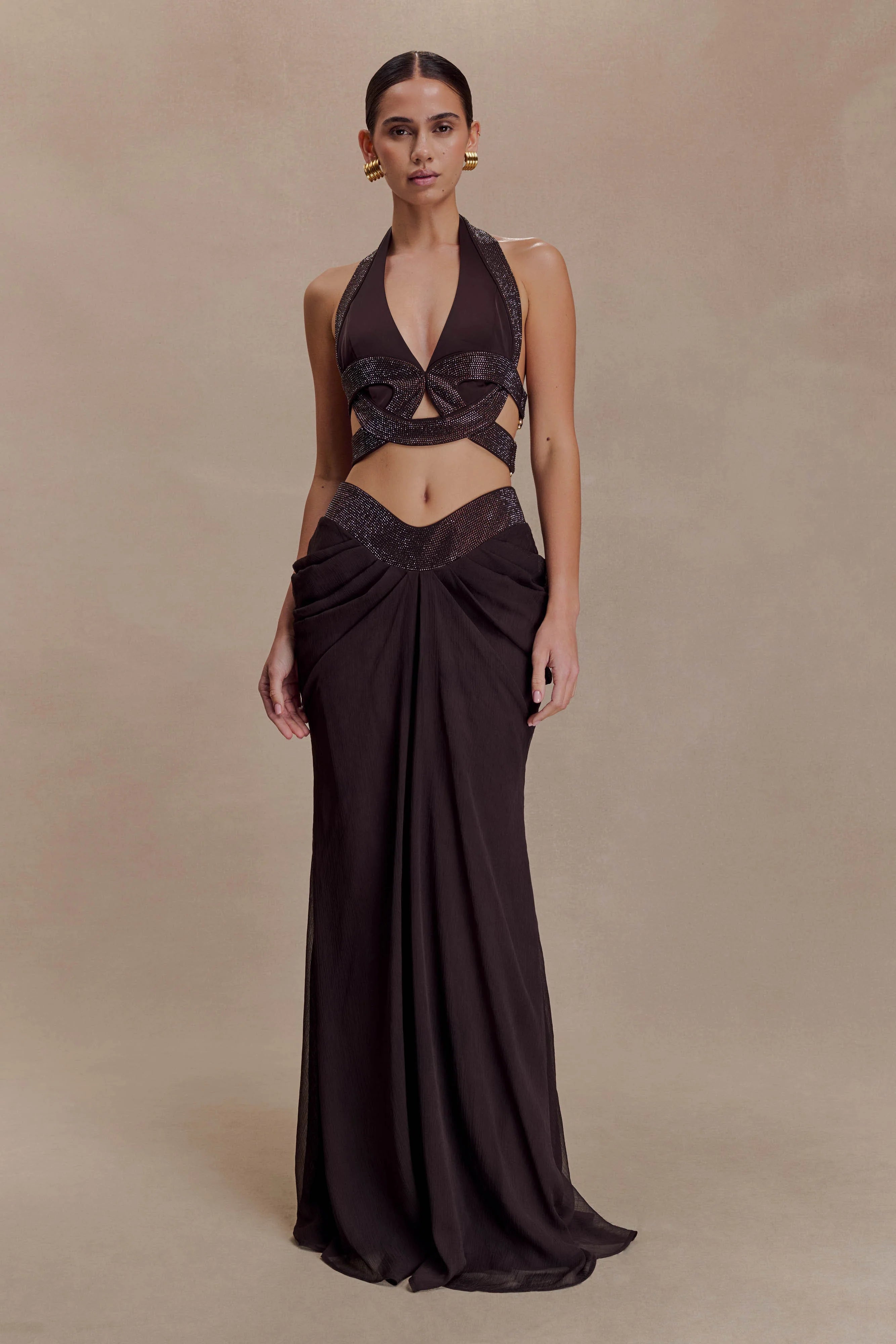 Siren Satin And Diamante Maxi Skirt Dark Chocolate