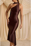 Women Formal Satin Dress One Shoulder Asymmetrical Scarf Mermaid Hem Midi Dress Cocktail Prom Gown