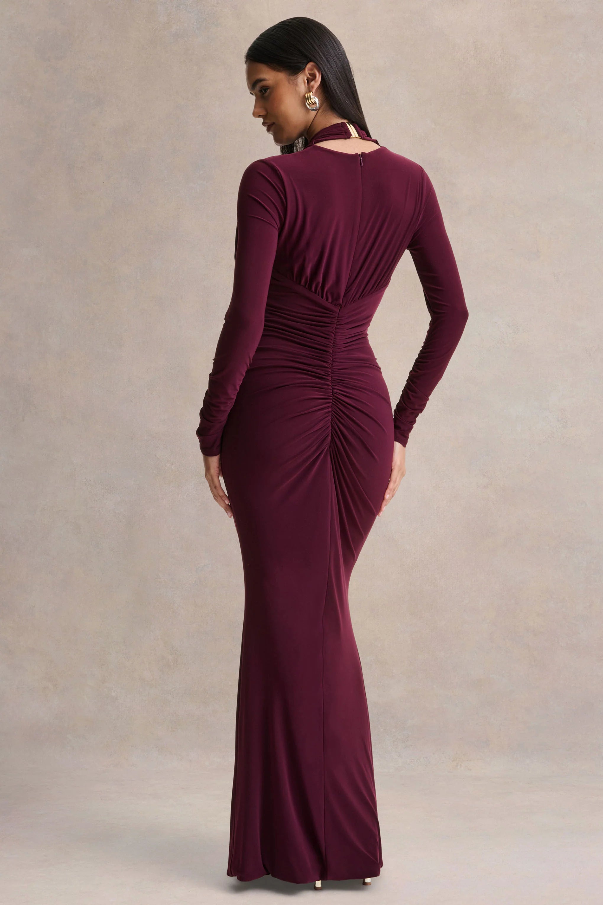 Tami Plum Plunge Neck Long Sleeve Maxi Dress