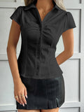 Women Button Down Shirt Y2k Short Sleeve Collared Fitted Blouse Tie Back Going Out Tops