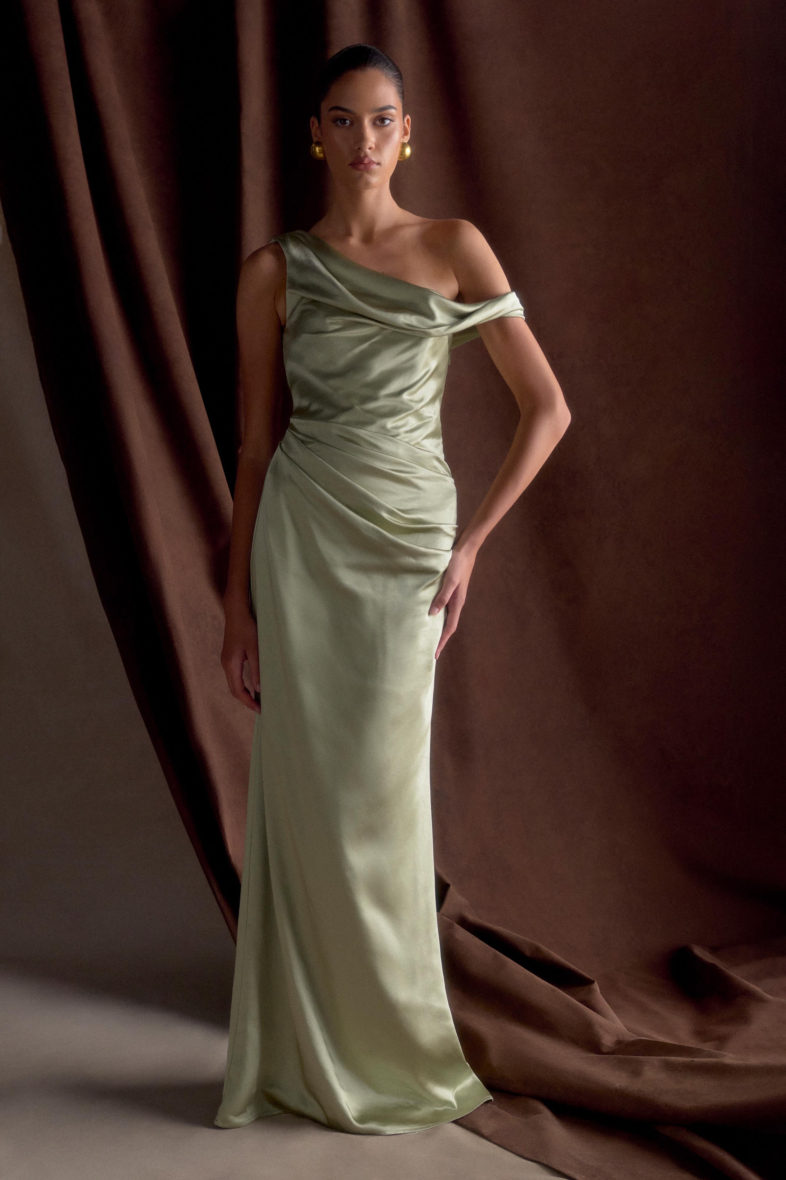 Dalia Off Shoulder Satin Maxi Dress Sage