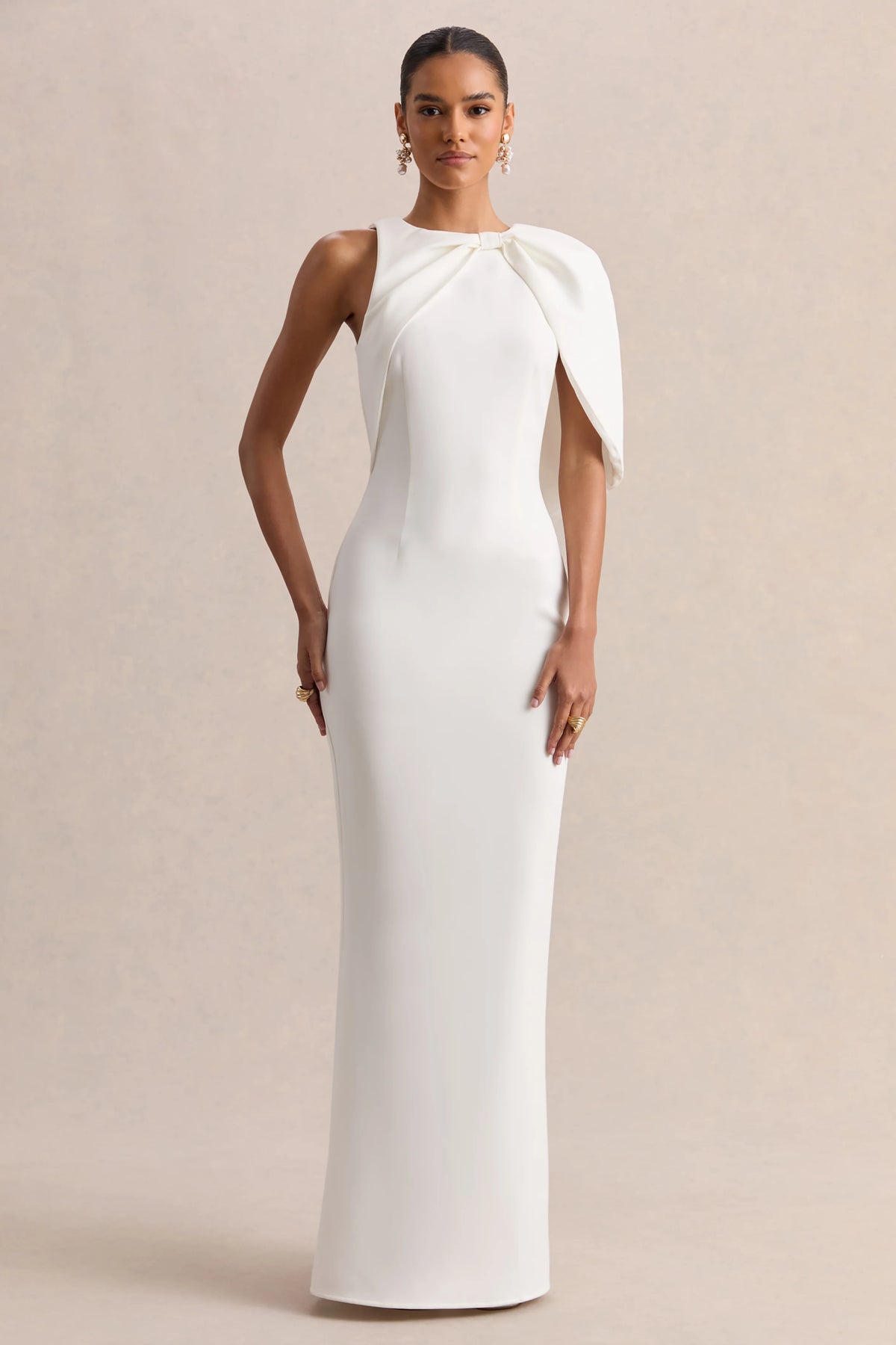 Quira White Asymmetric Neck Maxi Dress With Cape Sleeve
