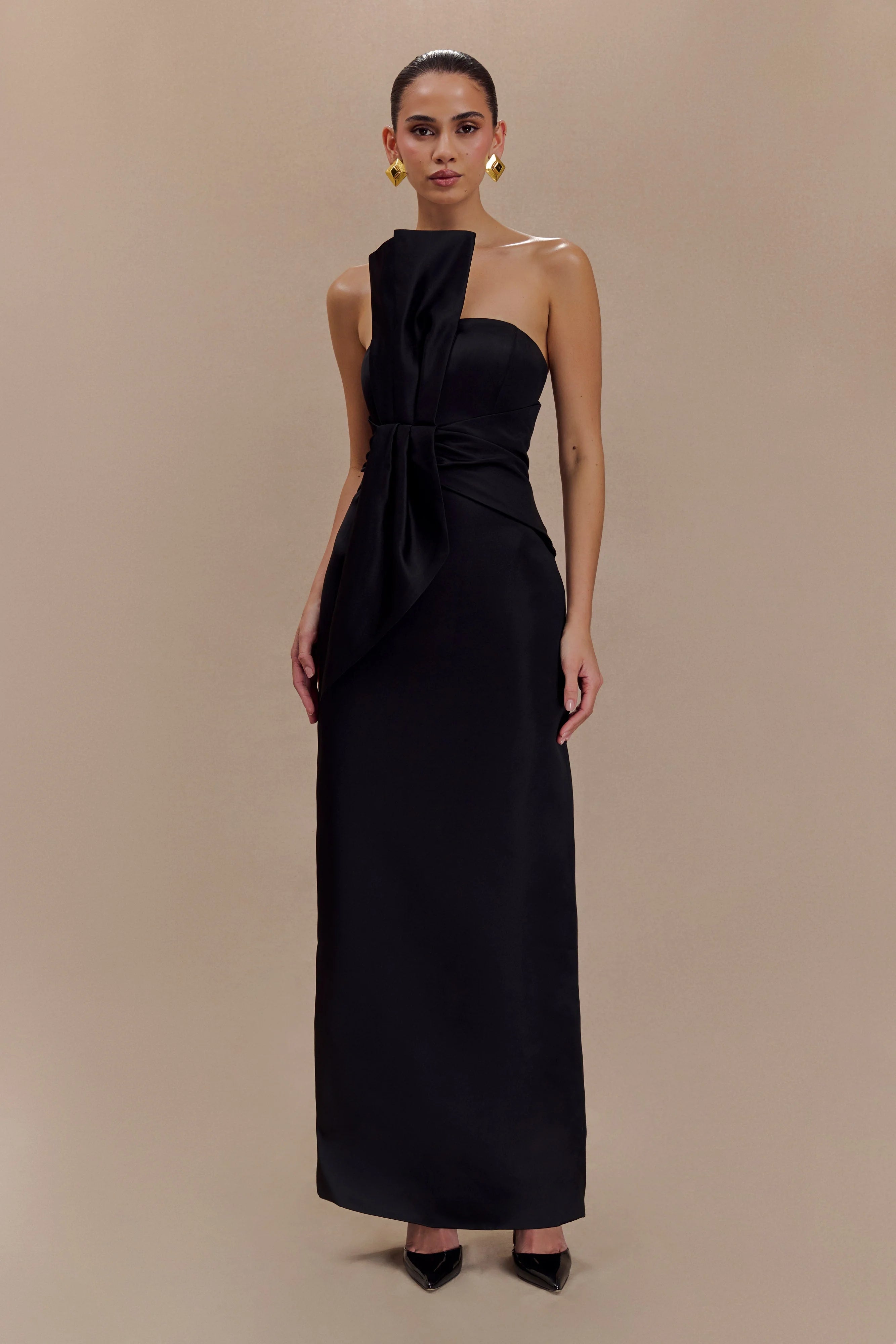 Cyrill Strapless Satin Structured Maxi Dress Black